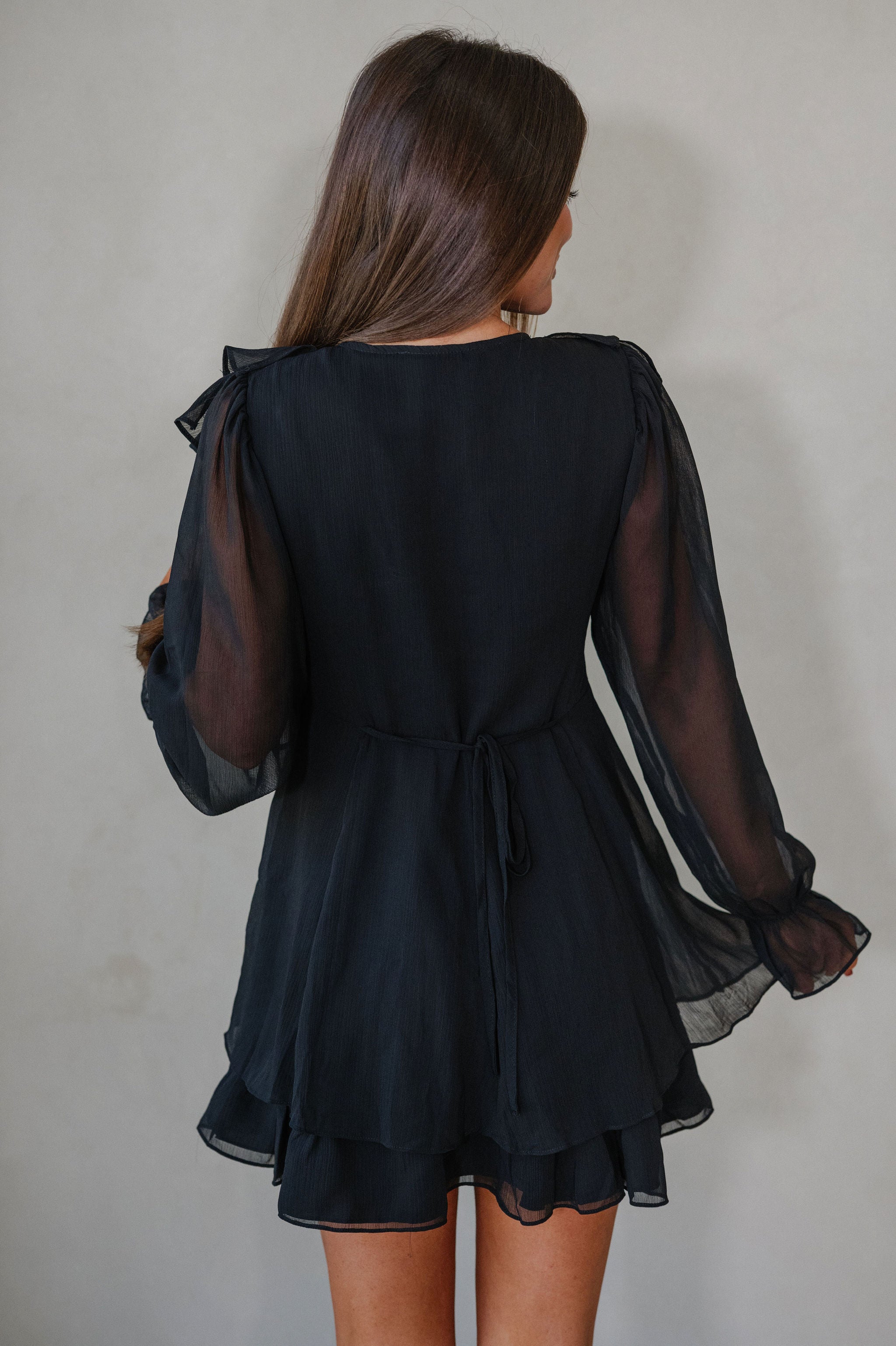 Bethel Tie Front Ruffle Dress-Black