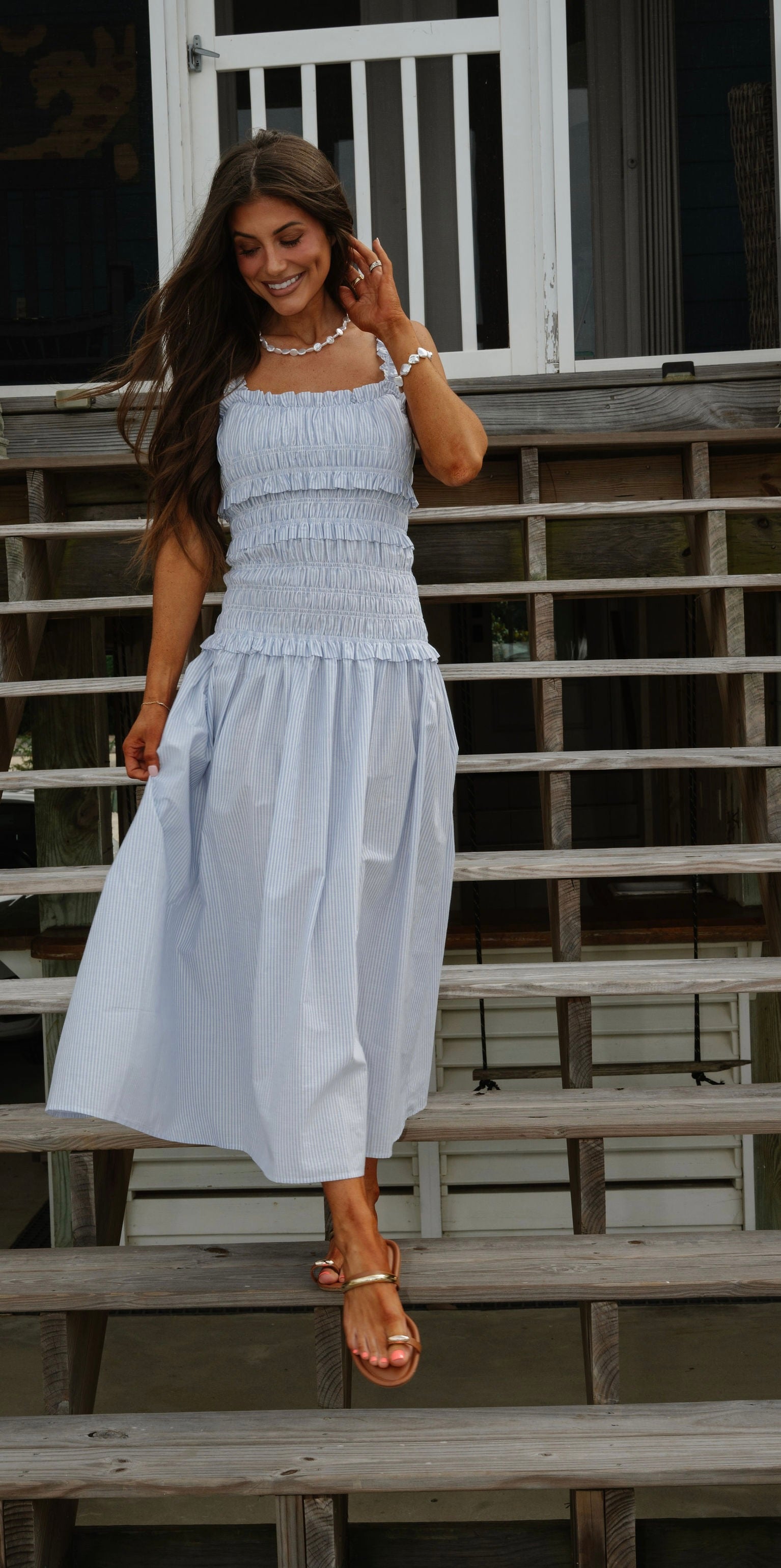Pin Stripe Midi Dress-Blue