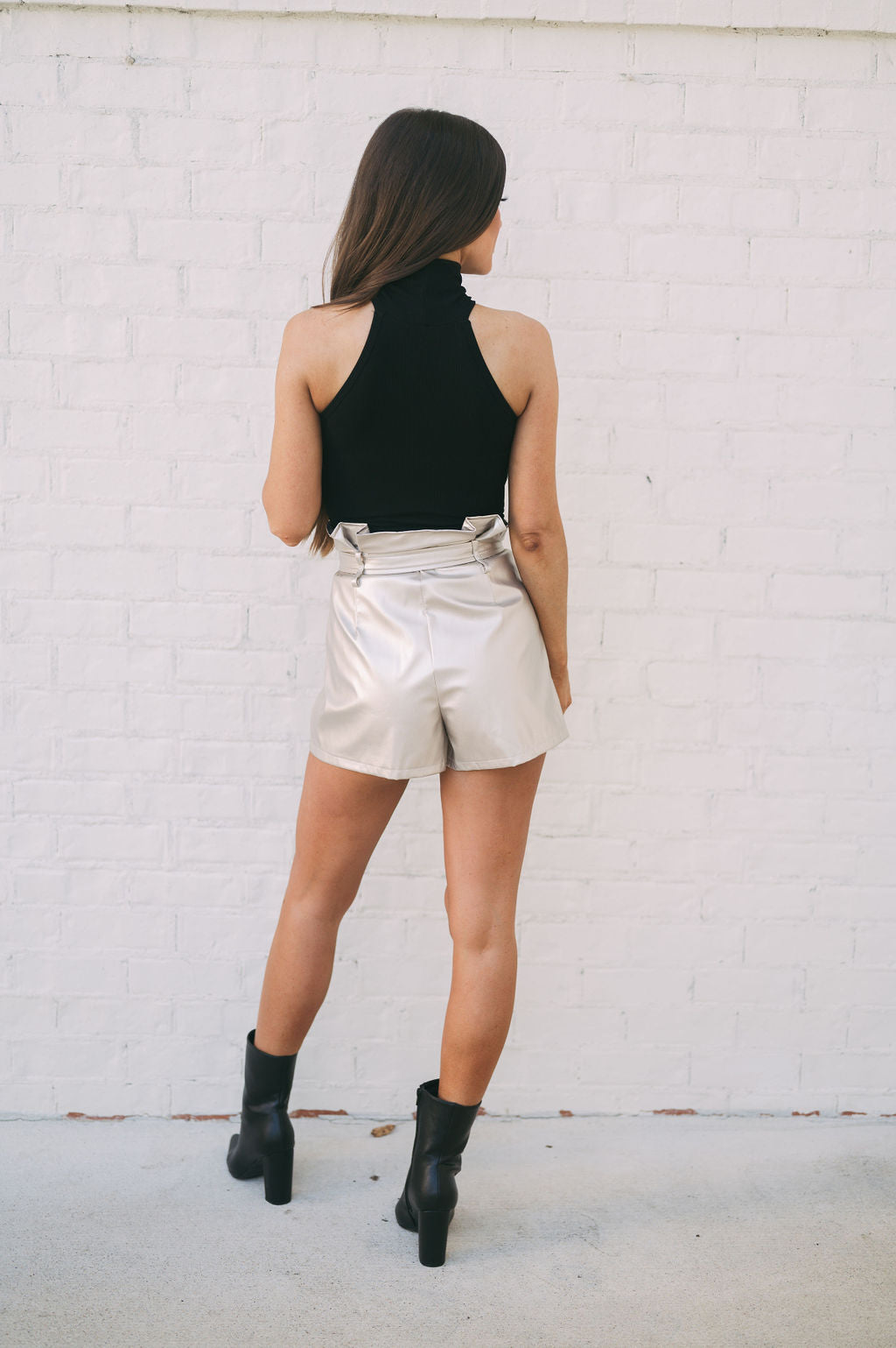 Faux Leather Paperbag Shorts-Champagne
