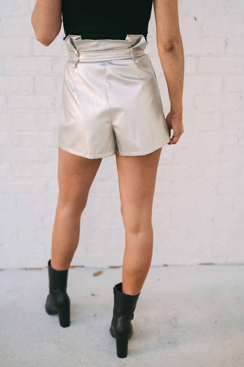 Faux Leather Paperbag Shorts-Champagne