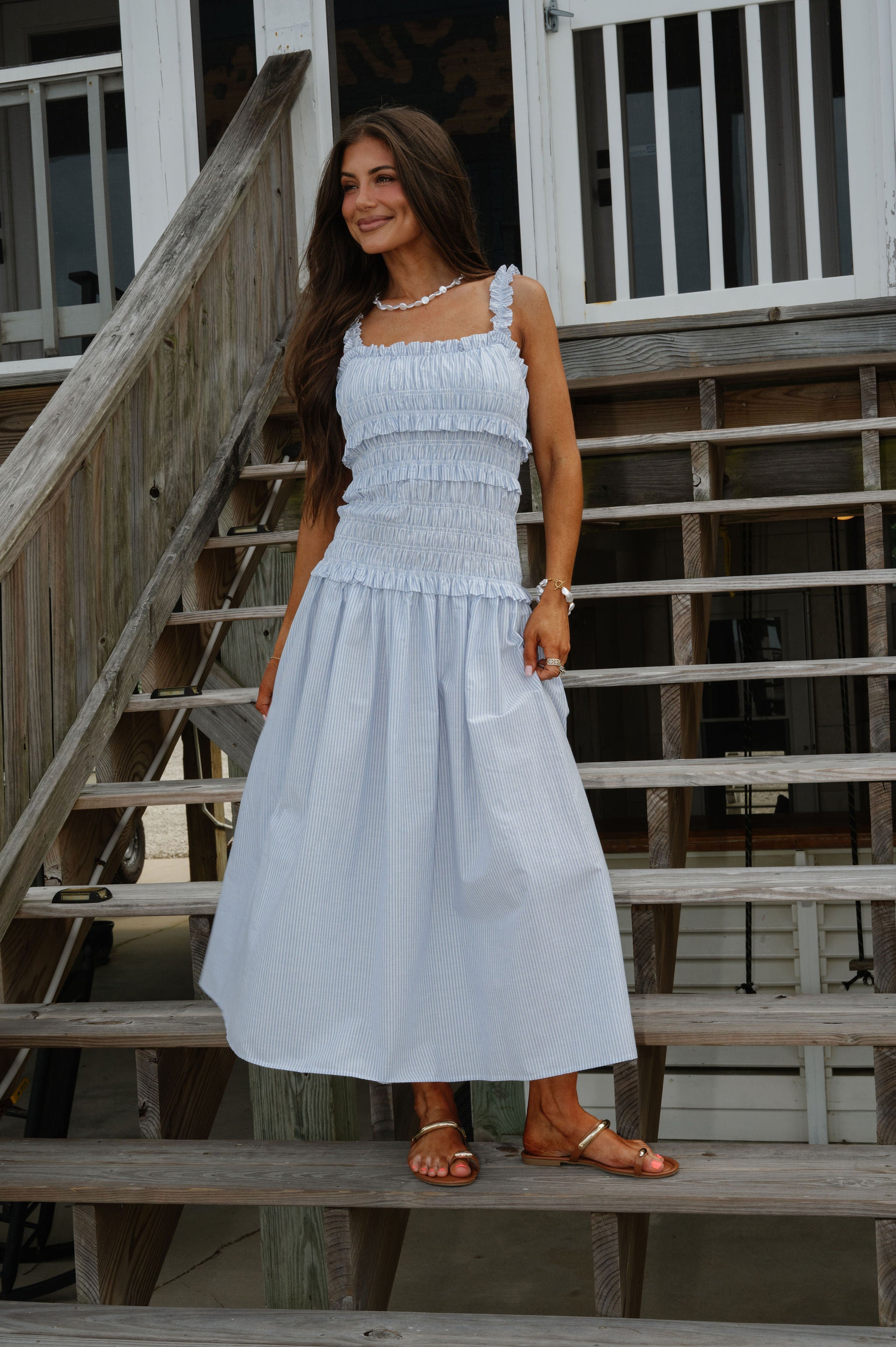 Pin Stripe Midi Dress-Blue