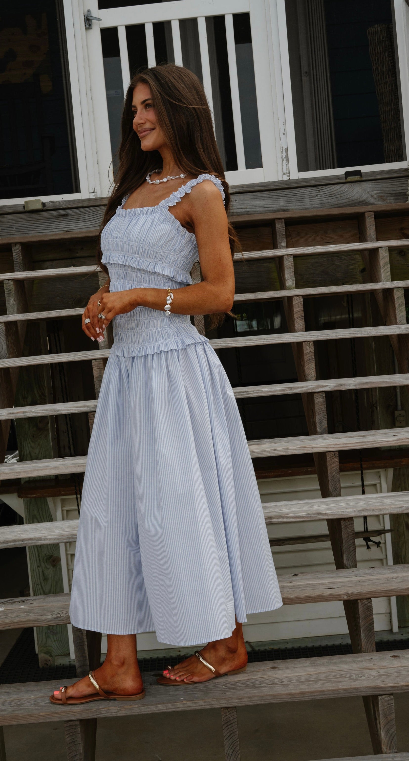 Pin Stripe Midi Dress-Blue