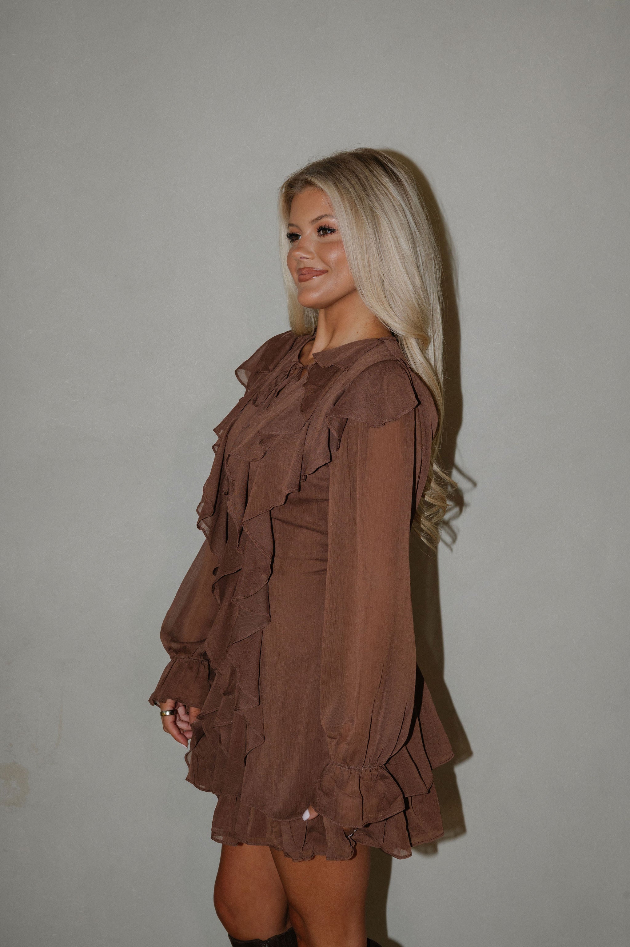 Bethel Tie Front Ruffle Dress-Dark Mocha