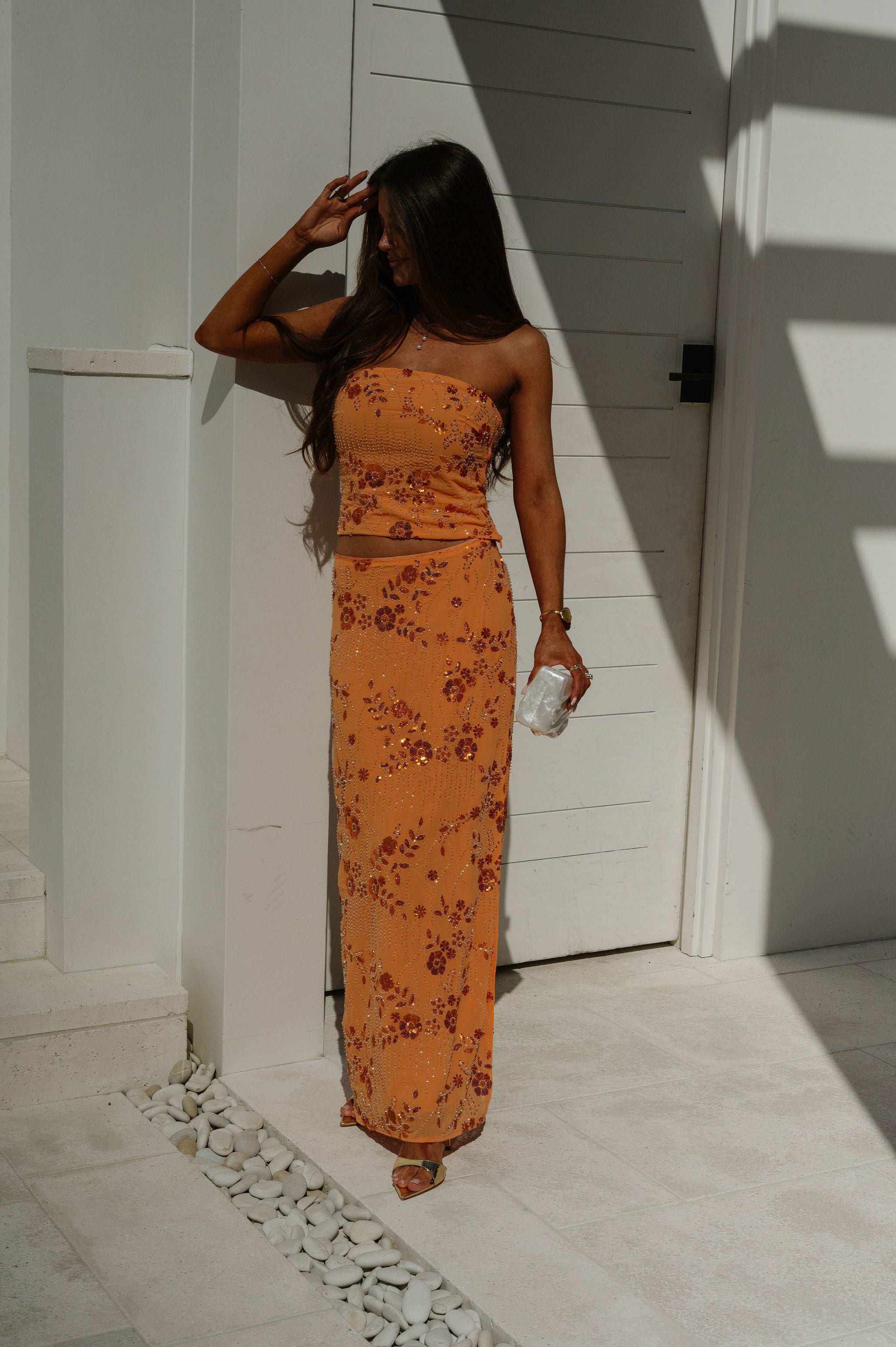 Beaded Sequin Skirt Set-Orange