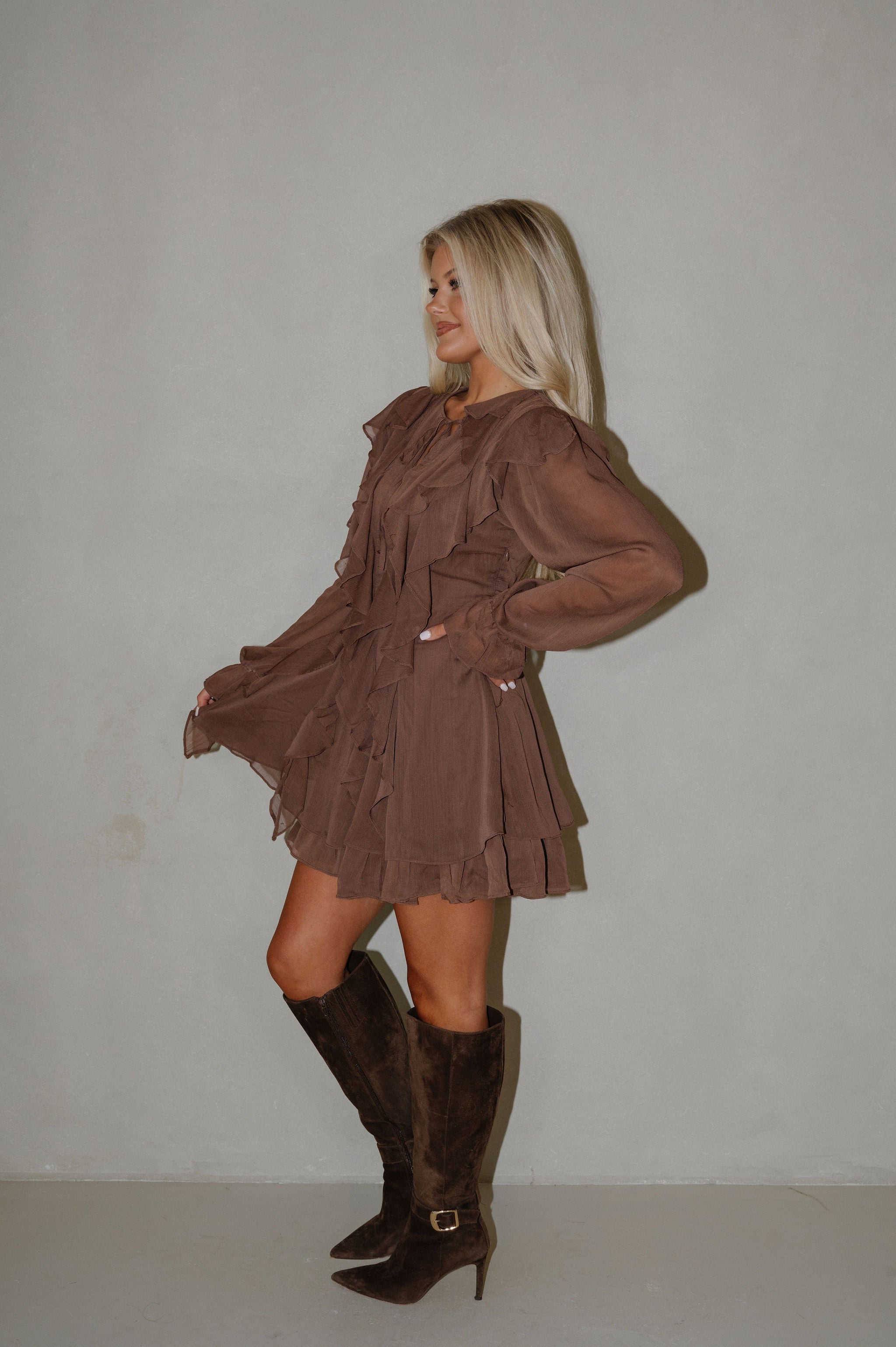 Bethel Tie Front Ruffle Dress-Dark Mocha