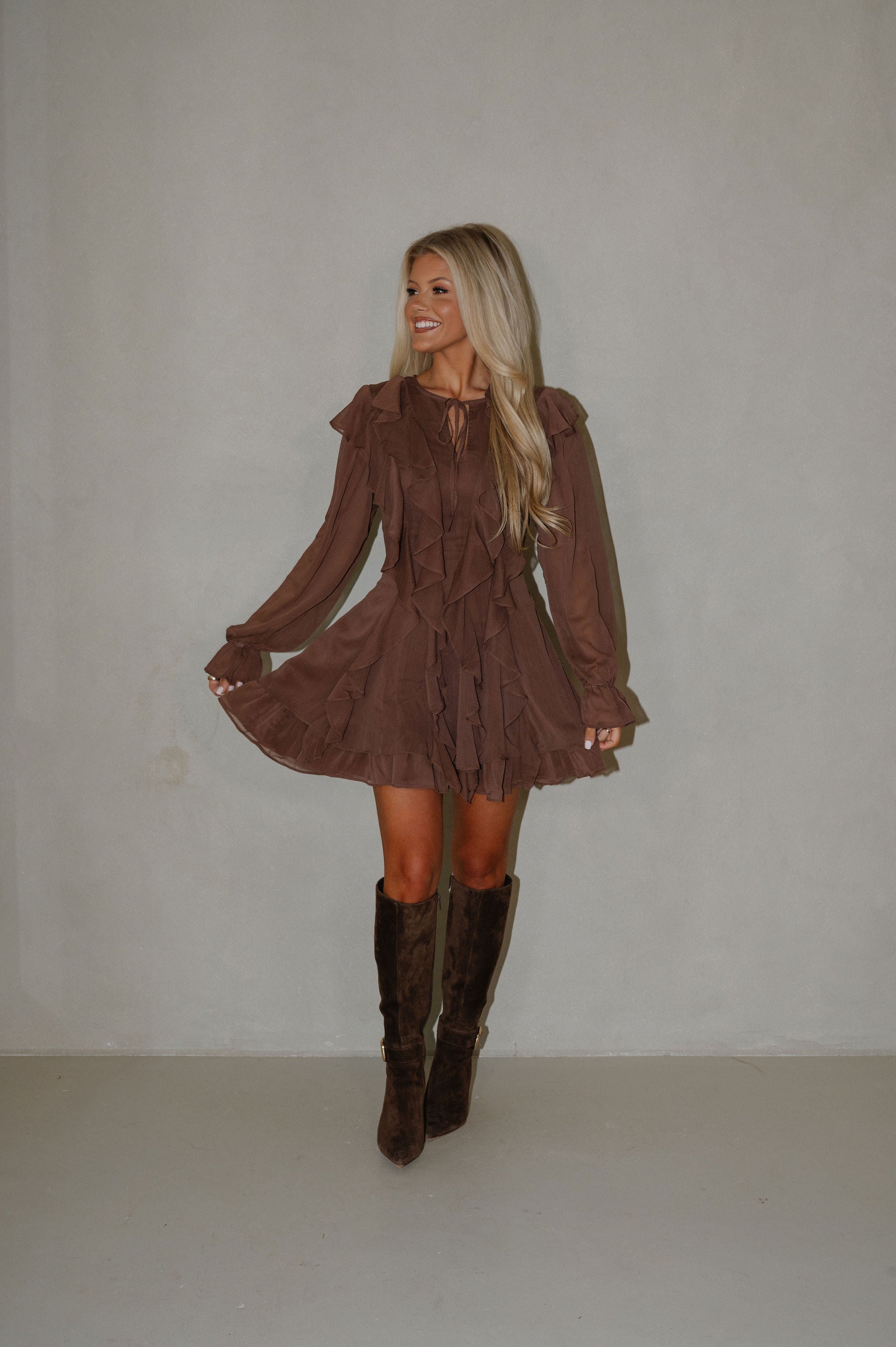 Bethel Tie Front Ruffle Dress-Dark Mocha