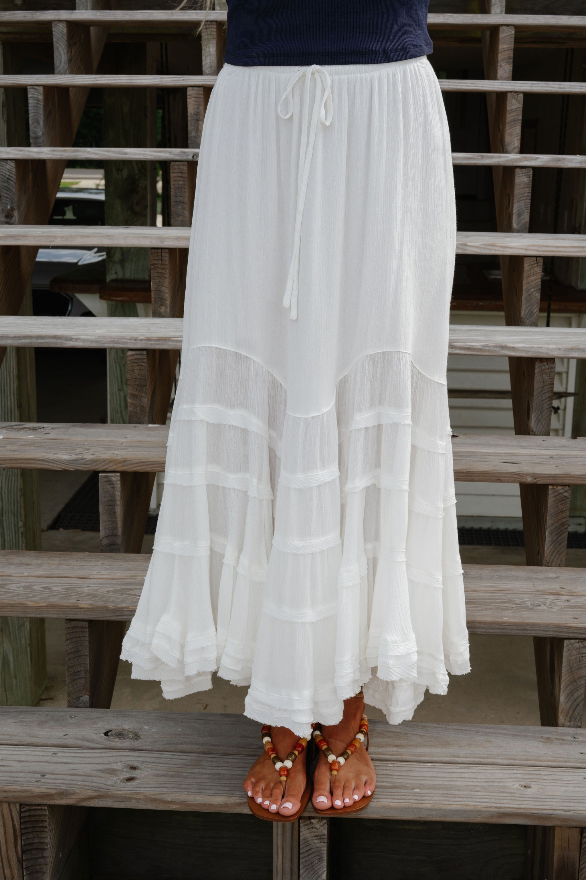 Front Tie Wave Tiered Skirt-Off White