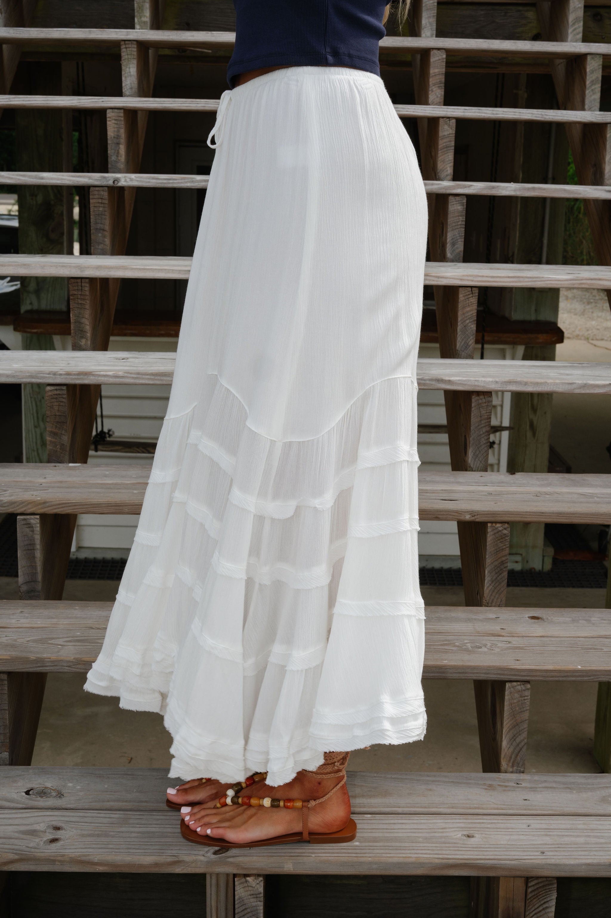 Front Tie Wave Tiered Skirt-Off White