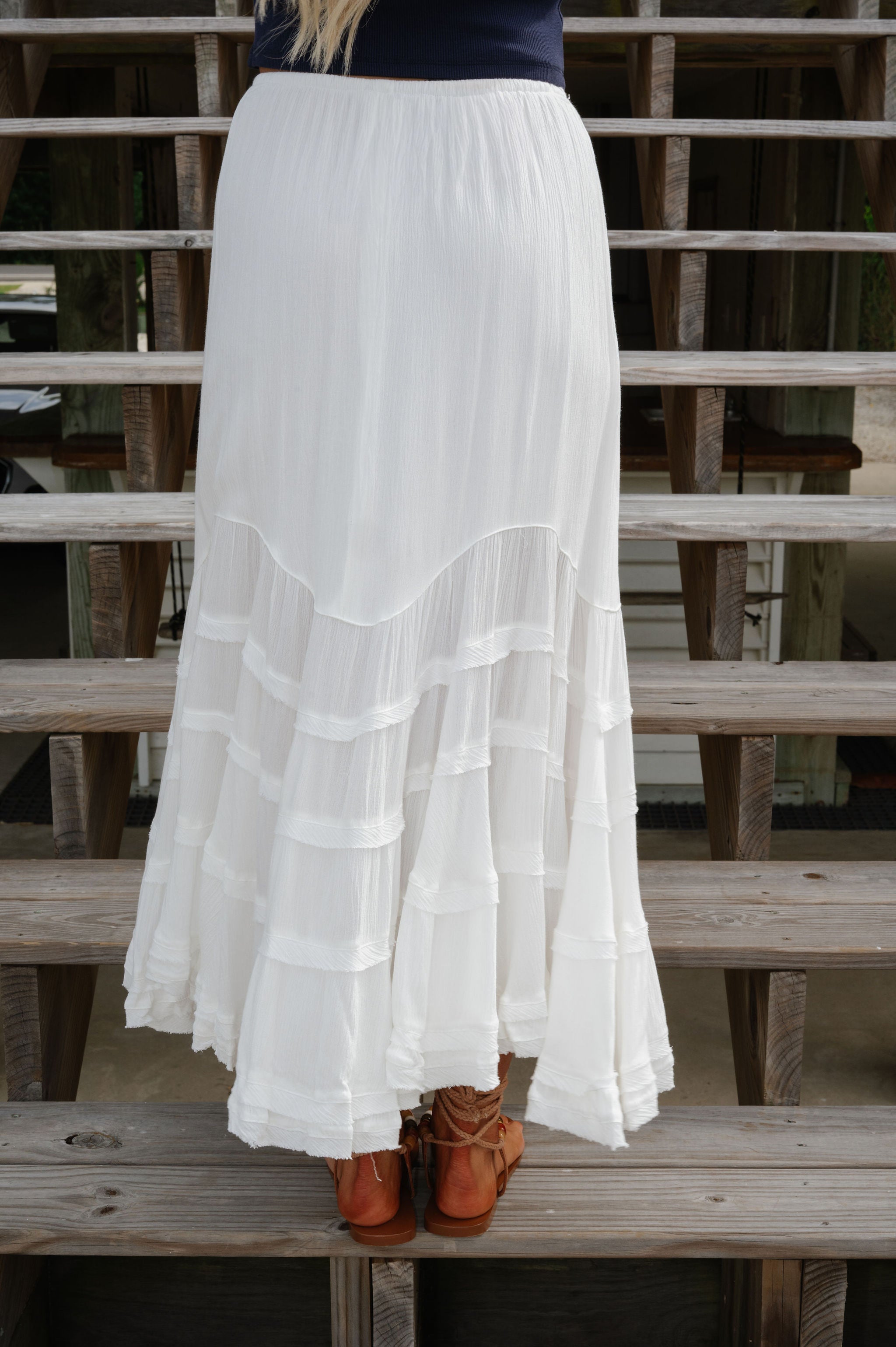 Front Tie Wave Tiered Skirt-Off White