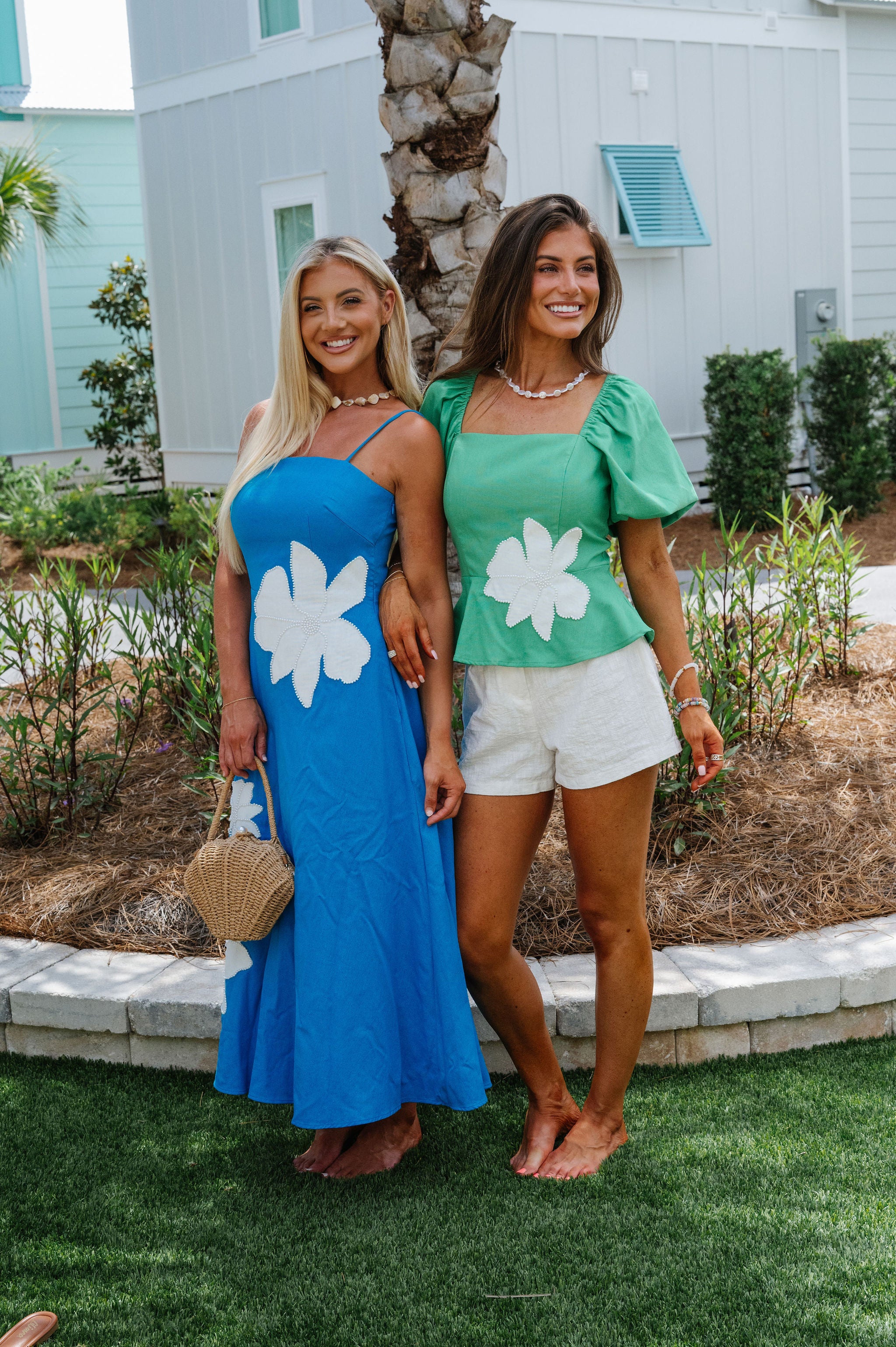 Floral Pearl Applique Midi Dress-Hawaiian Blue