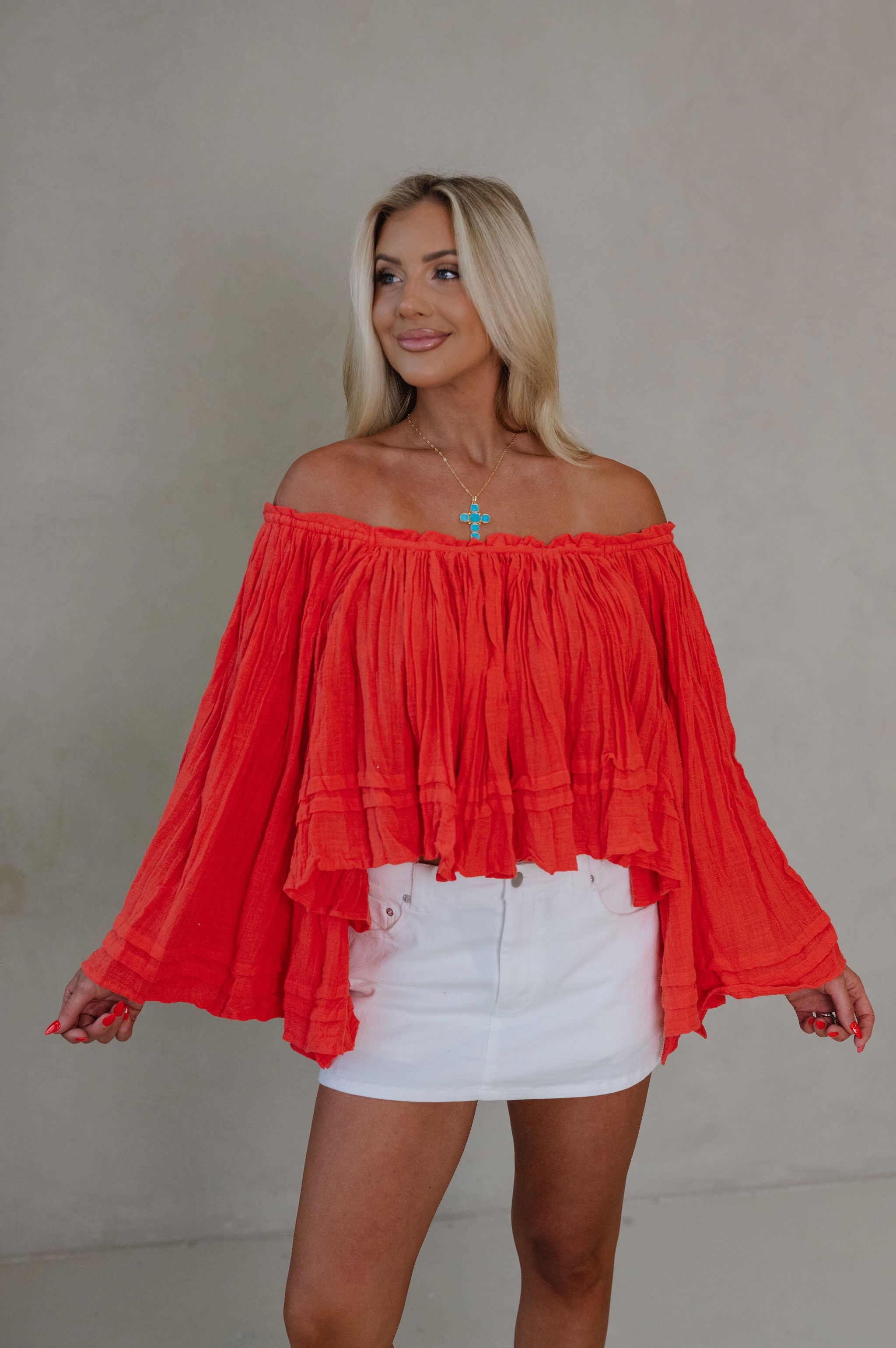 Ruth Woven Off The Shoulder Top-Red/Orange