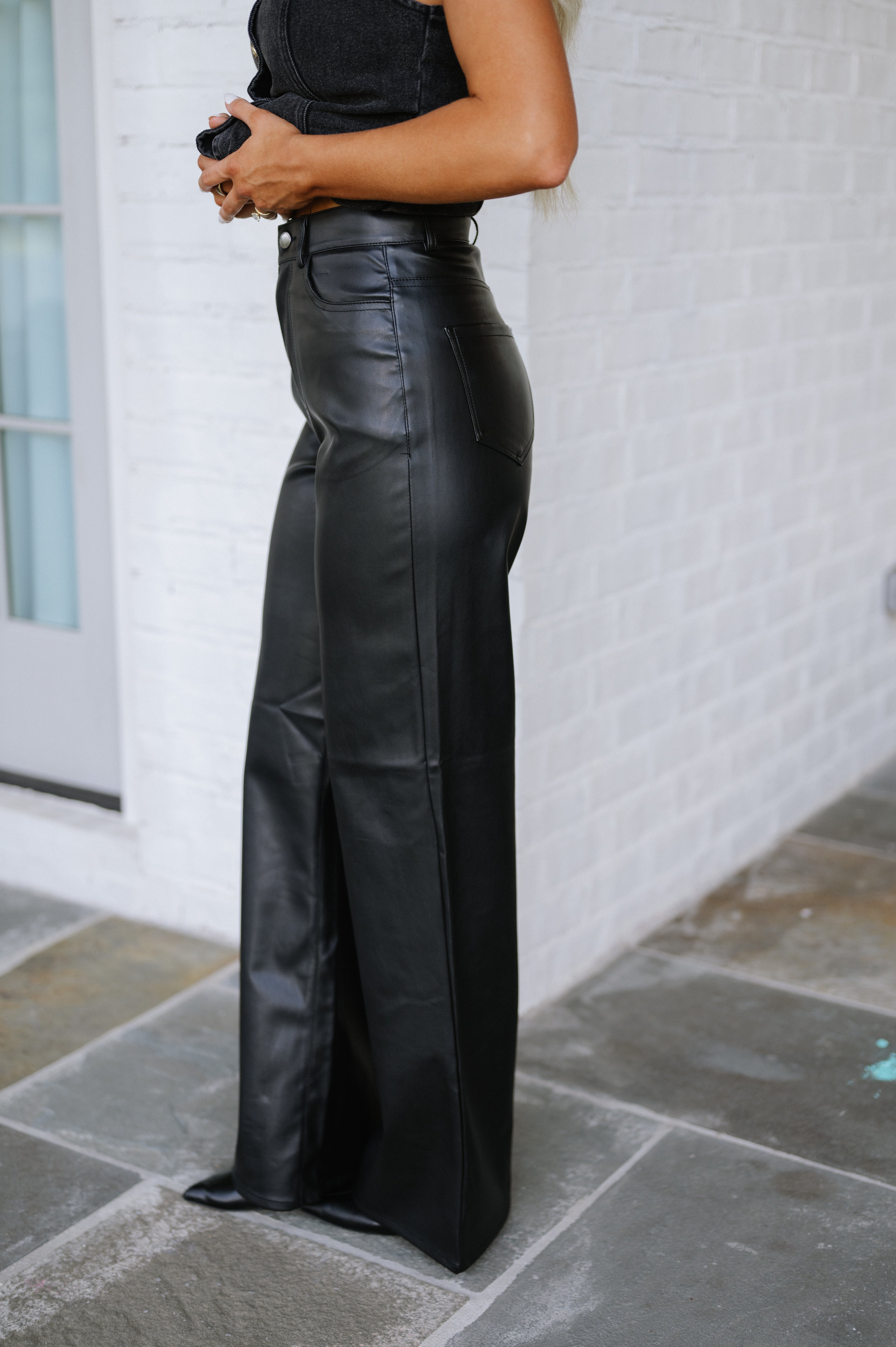 Leather Wide Leg Pants-Black