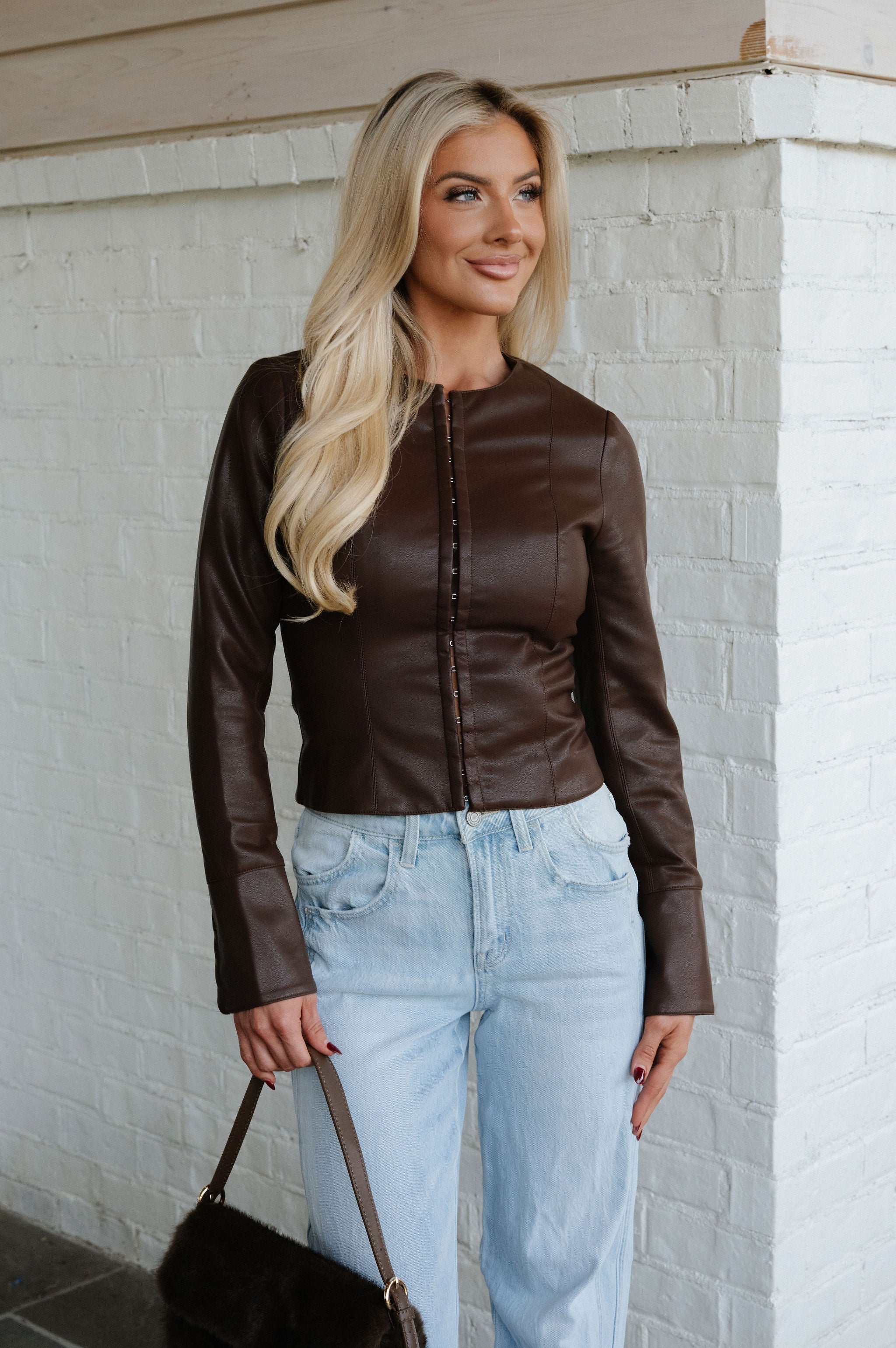 PETITE// Carrigan Faux Leather Top-Brown