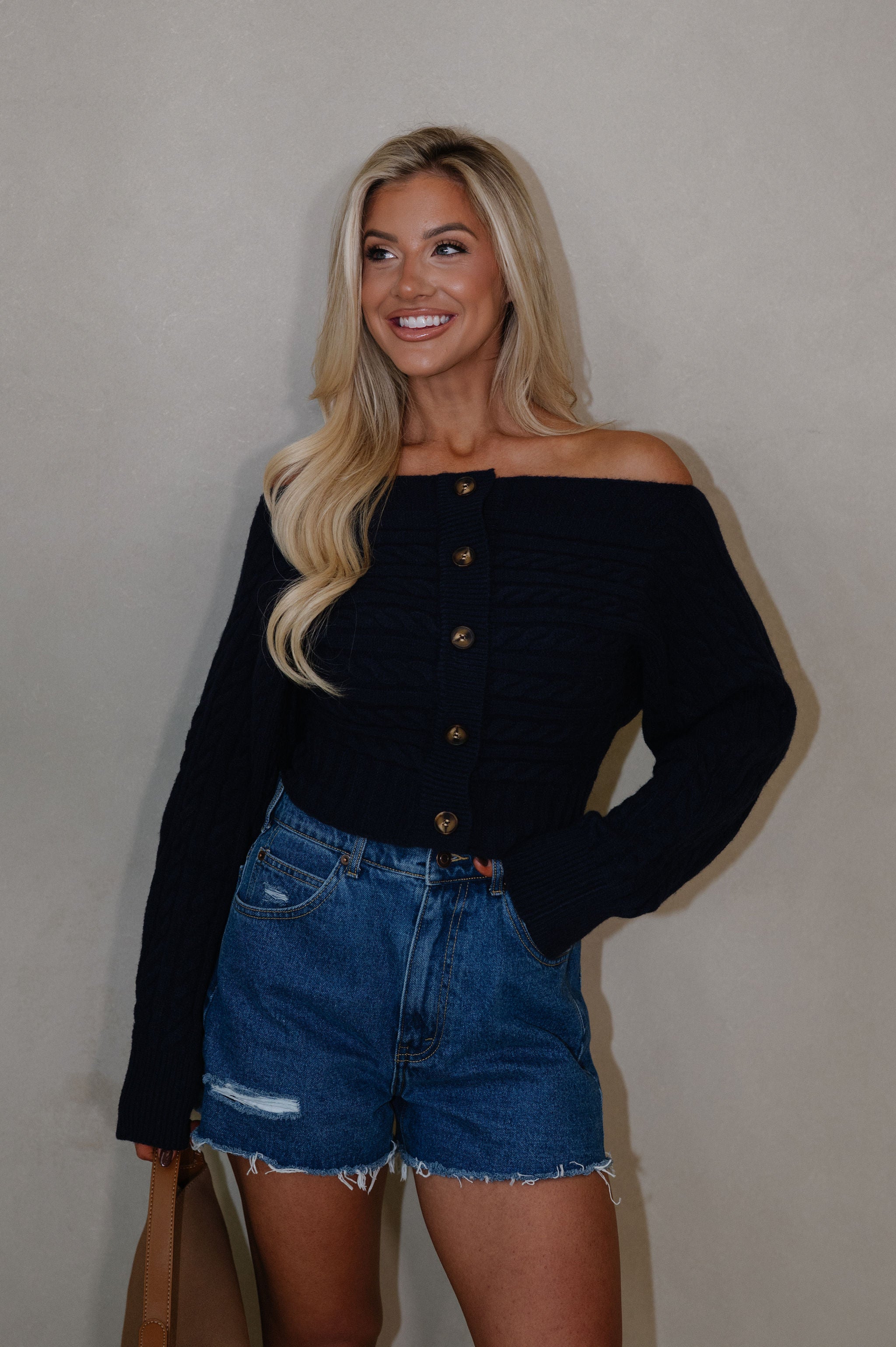 OTS Button Down Sweater Top-Navy