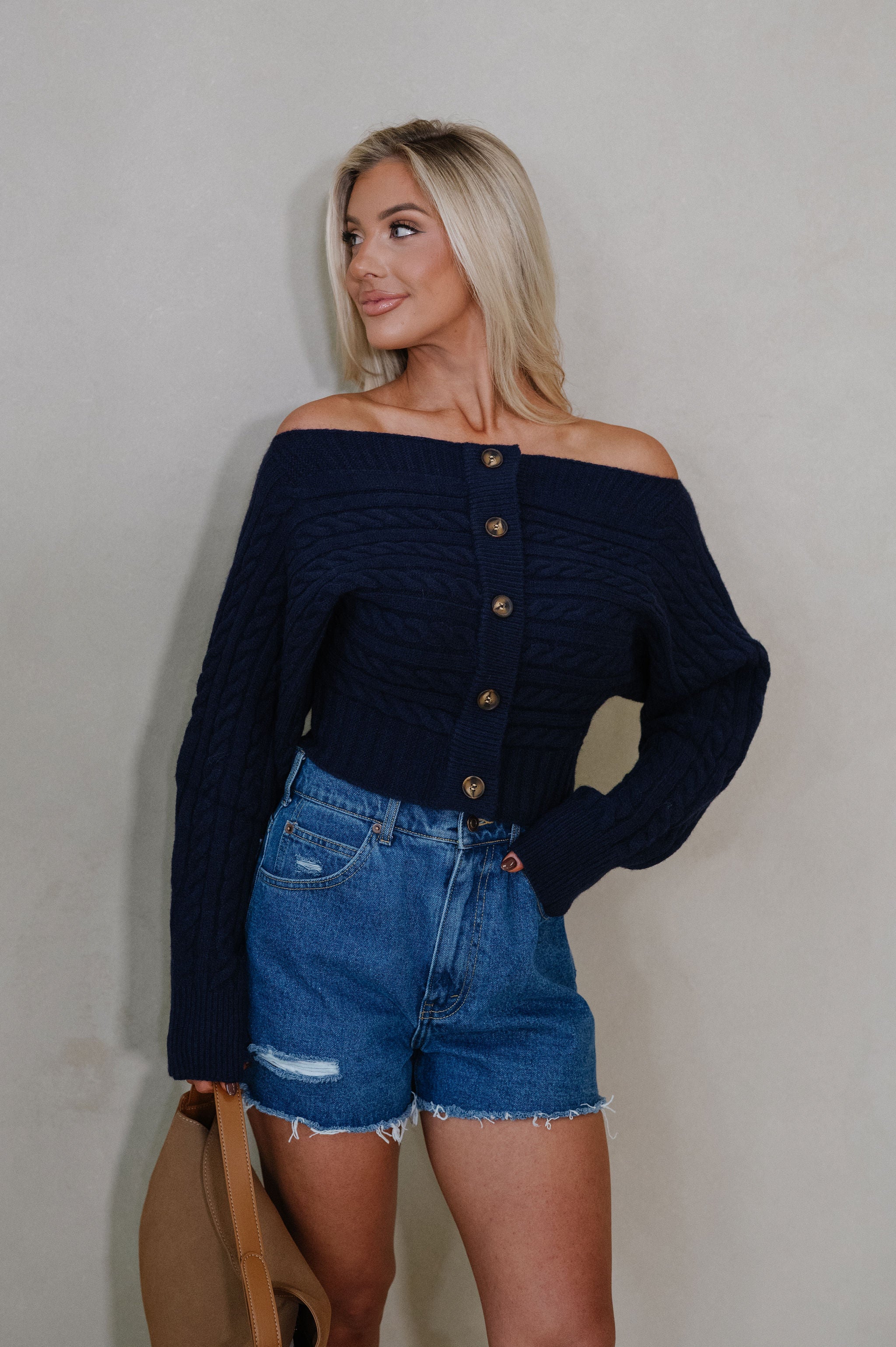 OTS Button Down Sweater Top-Navy