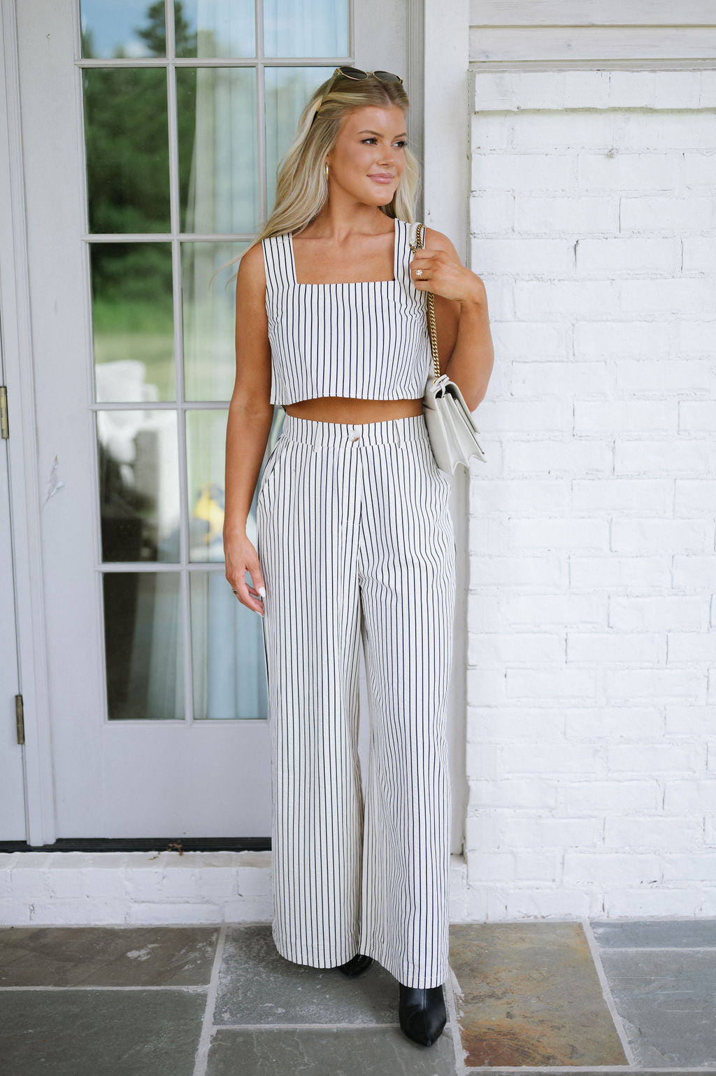 Stripe Sleeveless Pants Set-Cream