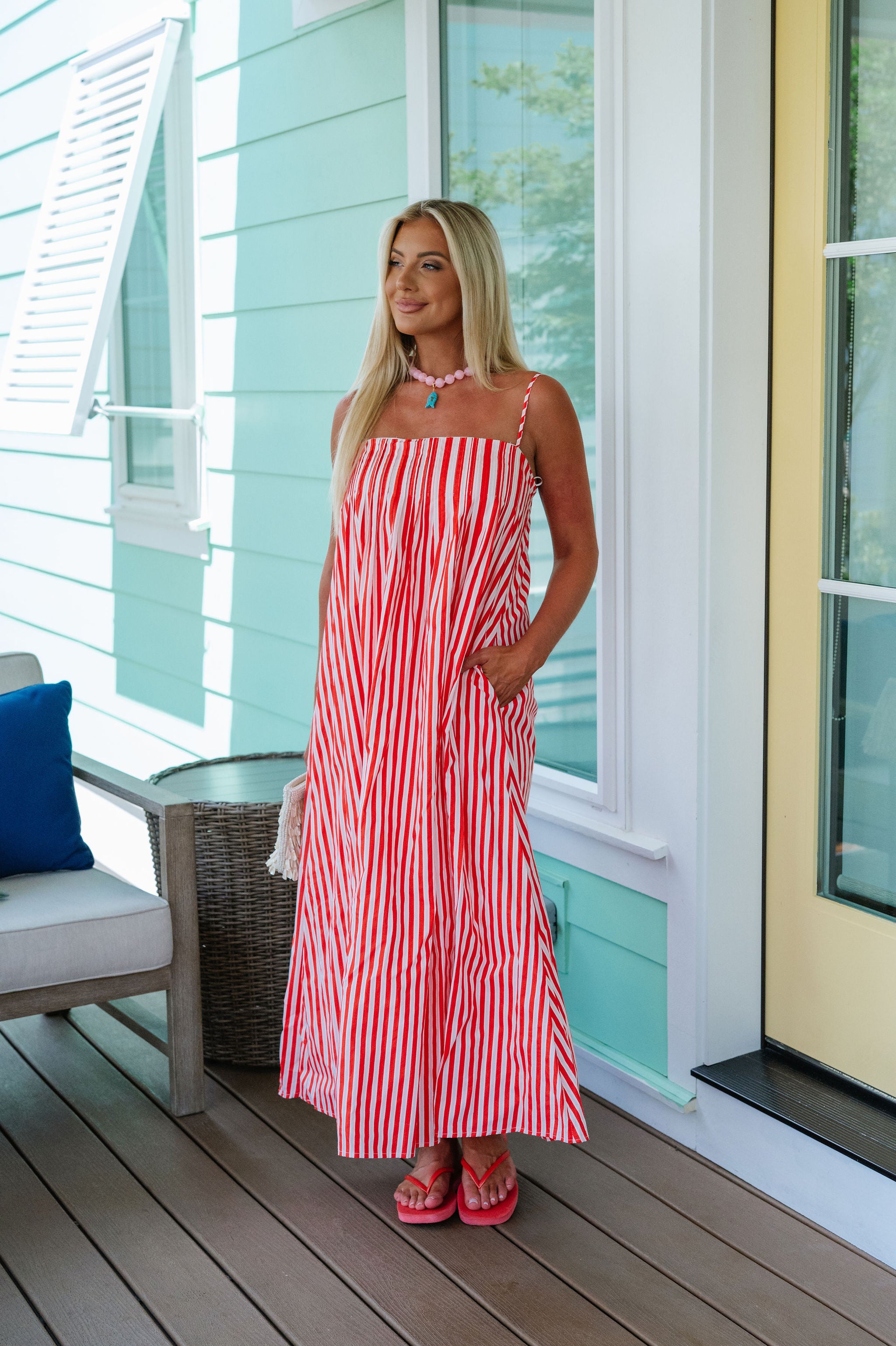 Pleated Strappy Maxi Dress-Red/Pink