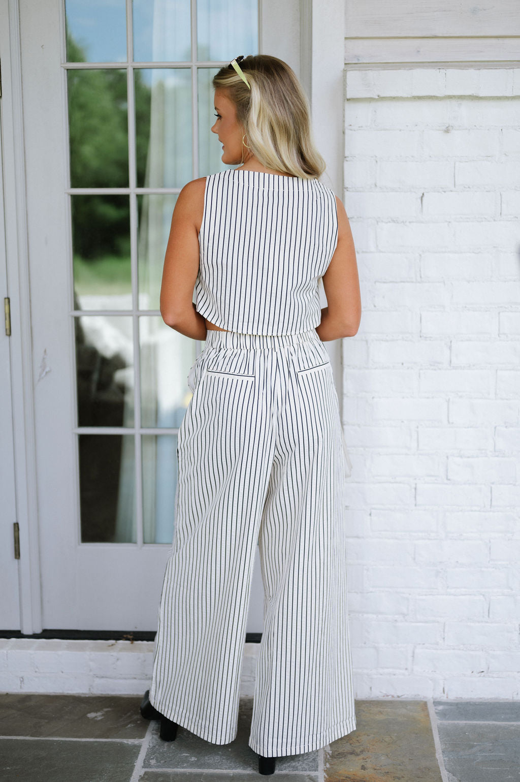 Stripe Sleeveless Pants Set-Cream