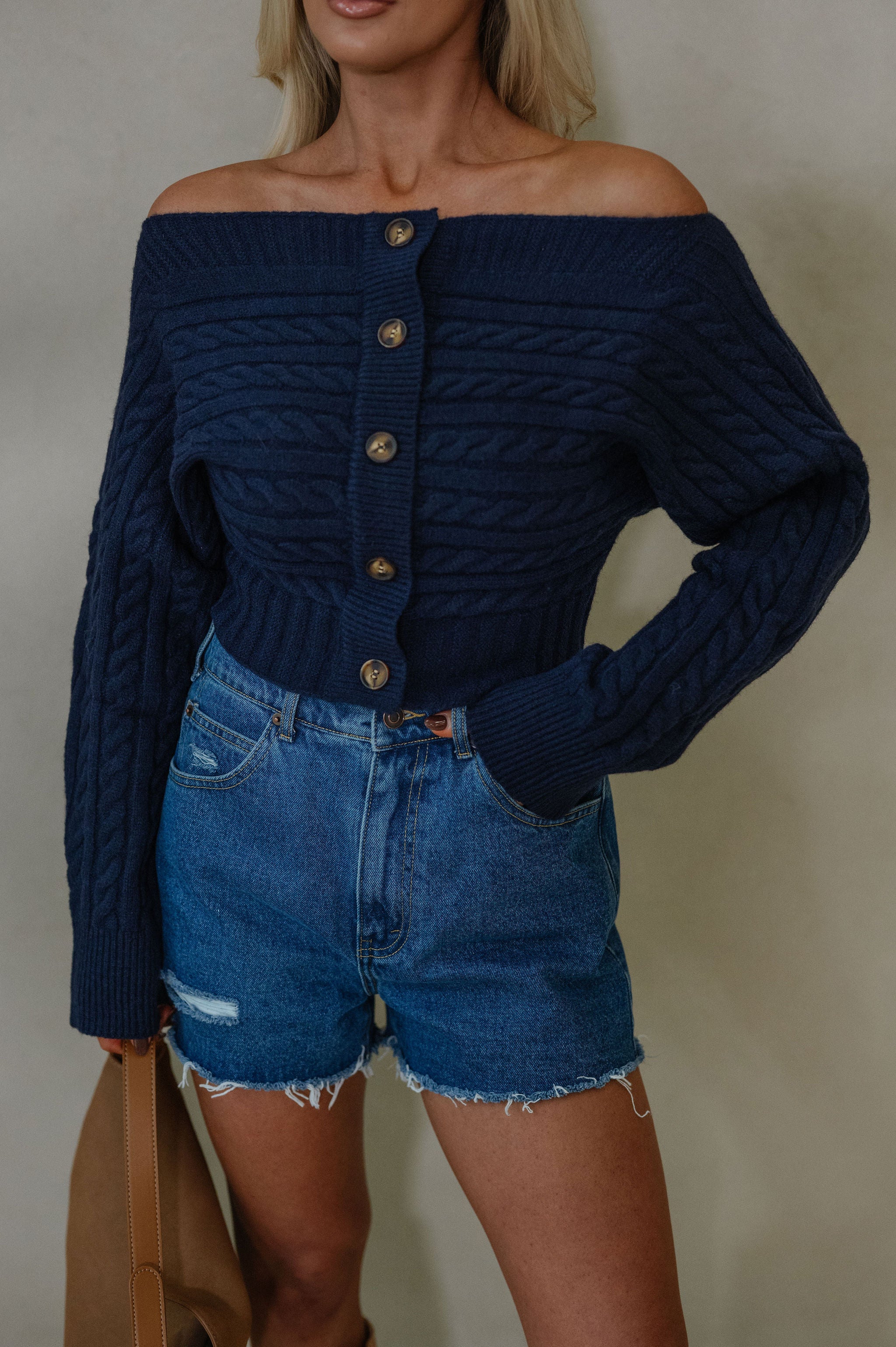 OTS Button Down Sweater Top-Navy