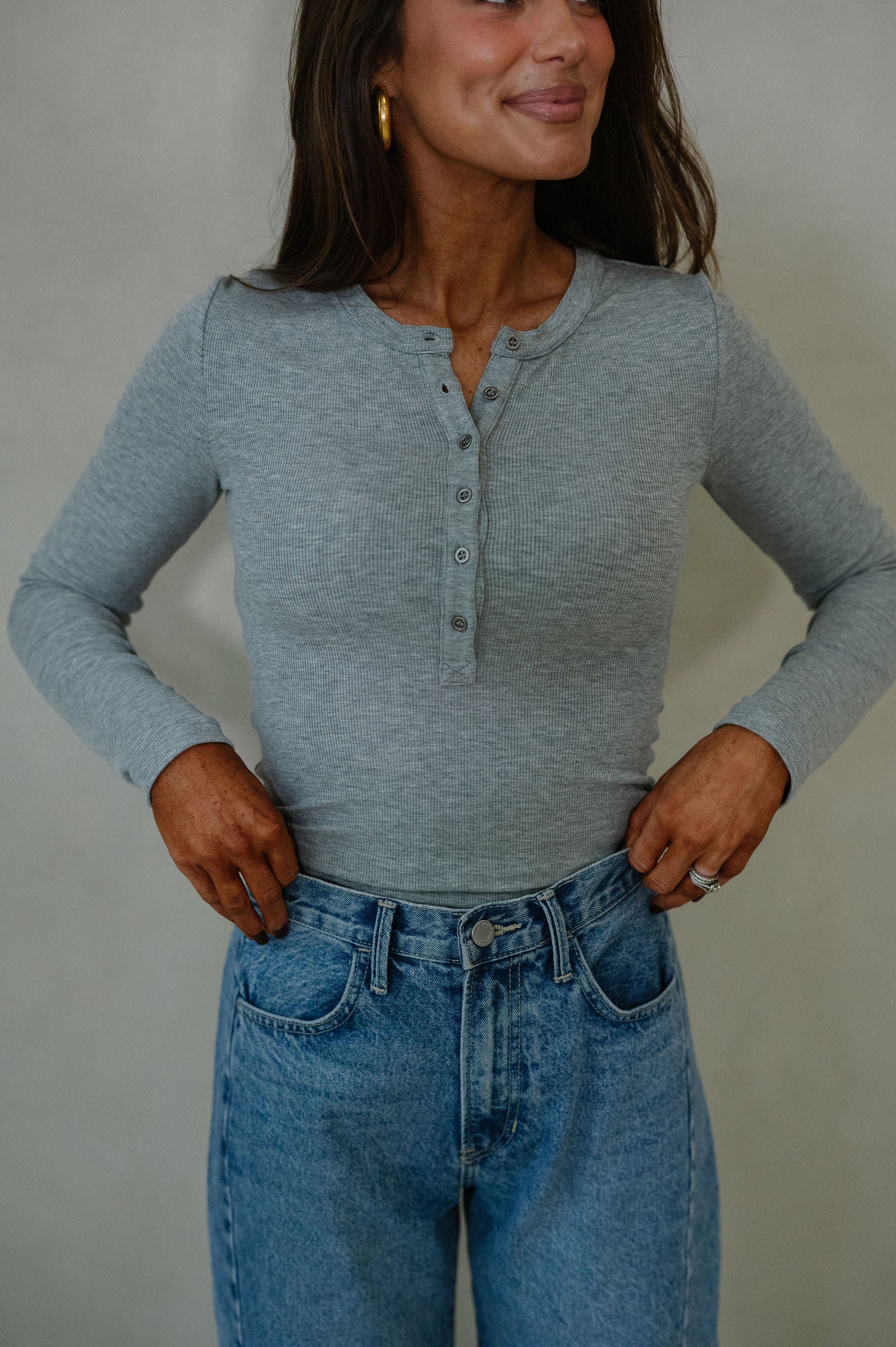 Lucy Ribbed Henley-Heather Grey