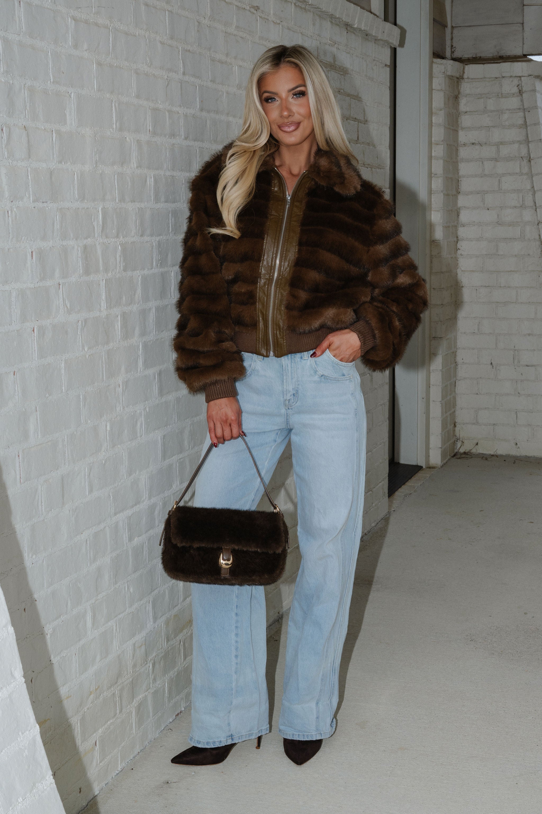 Ellen Faux Fur Bomber Jacket-Brown