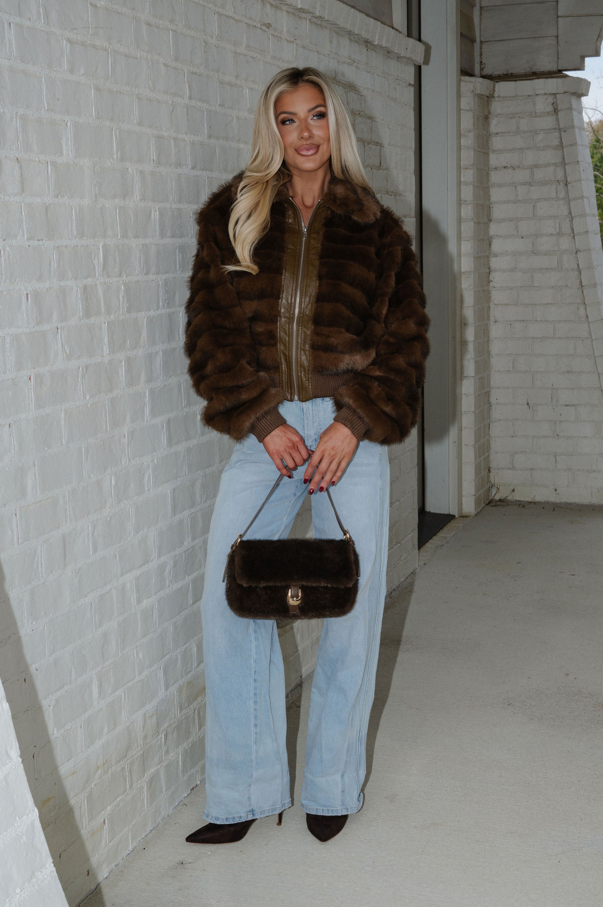 Ellen Faux Fur Bomber Jacket-Brown