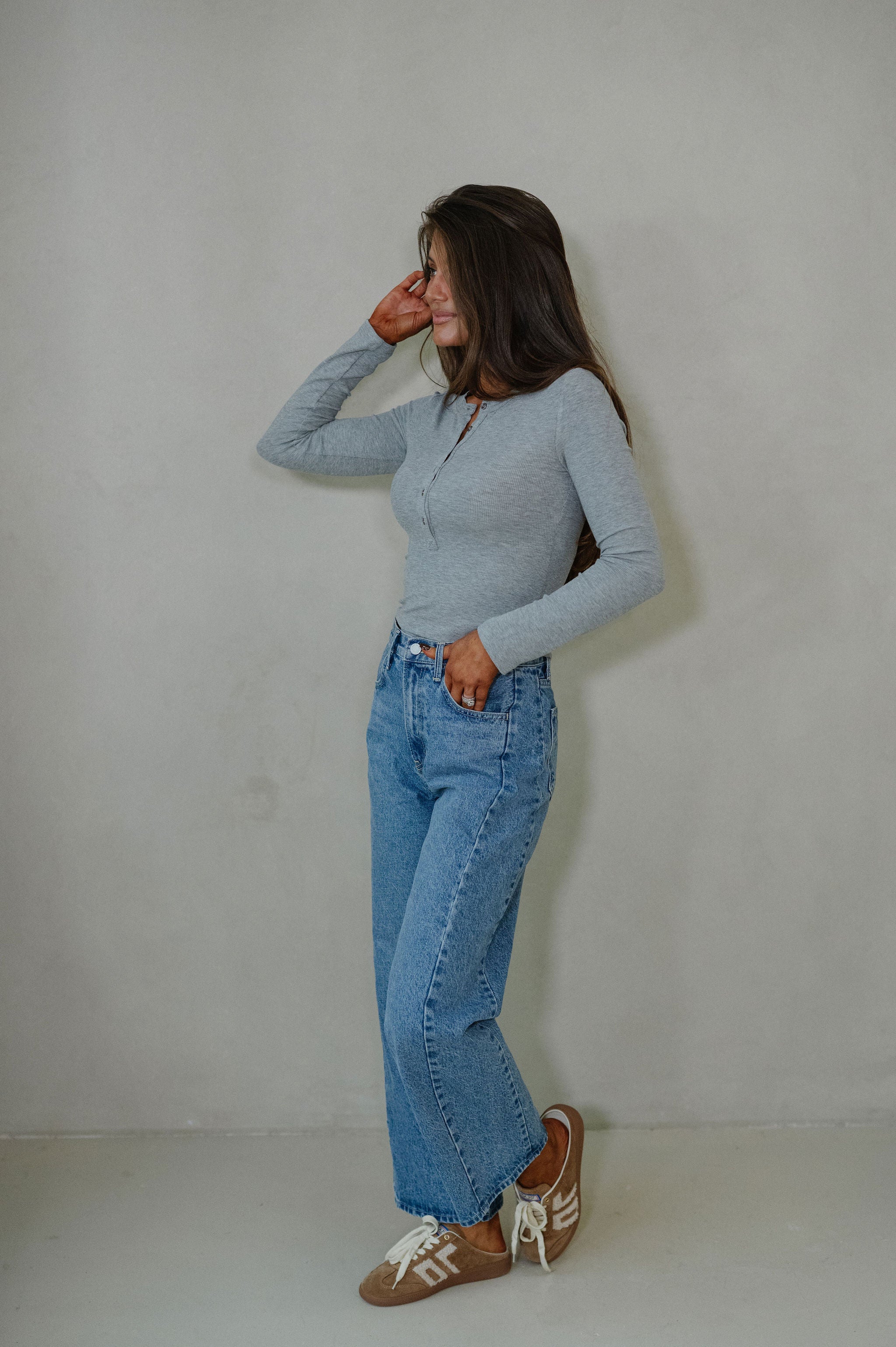 Lucy Ribbed Henley-Heather Grey