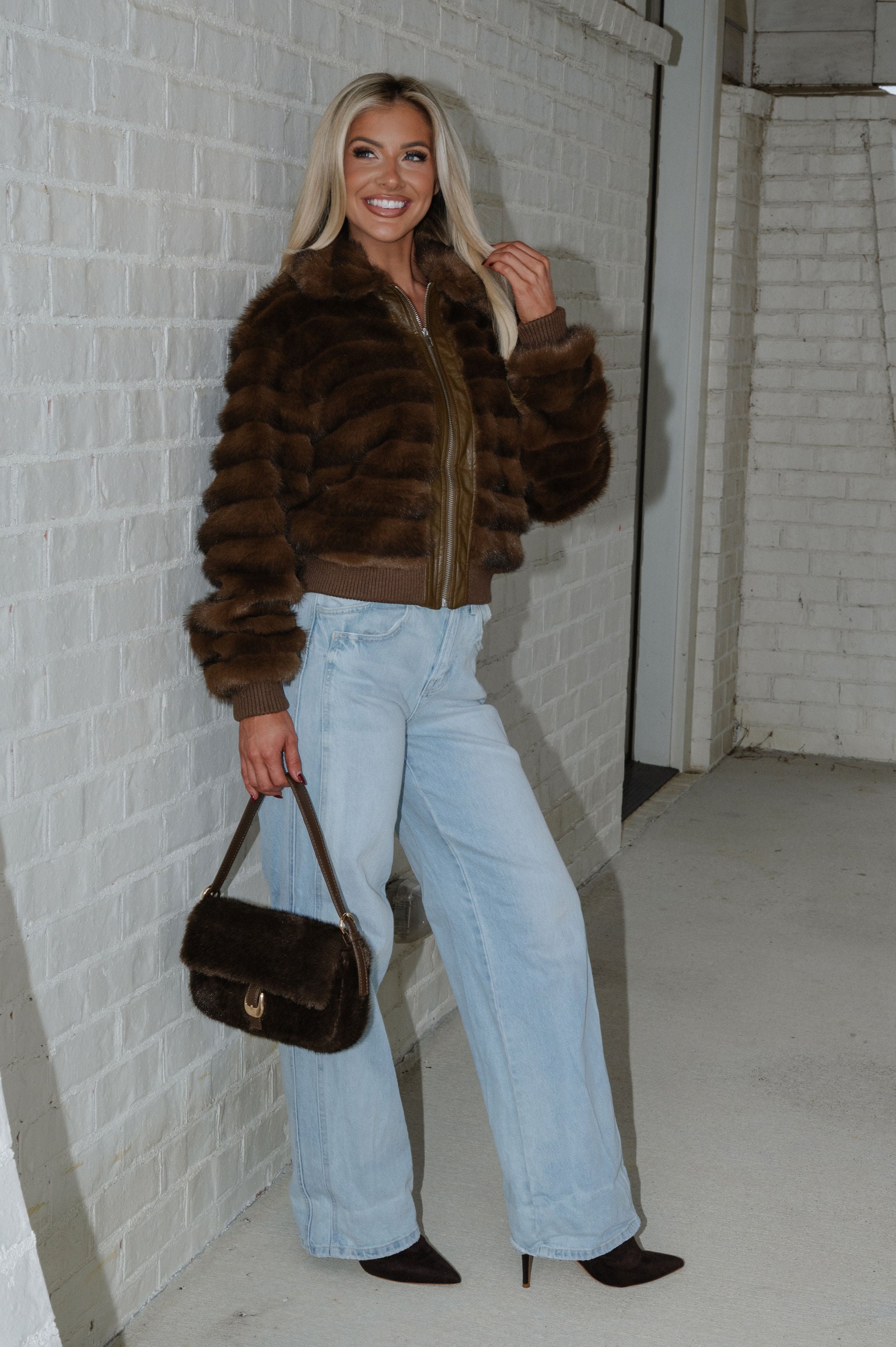 Ellen Faux Fur Bomber Jacket-Brown