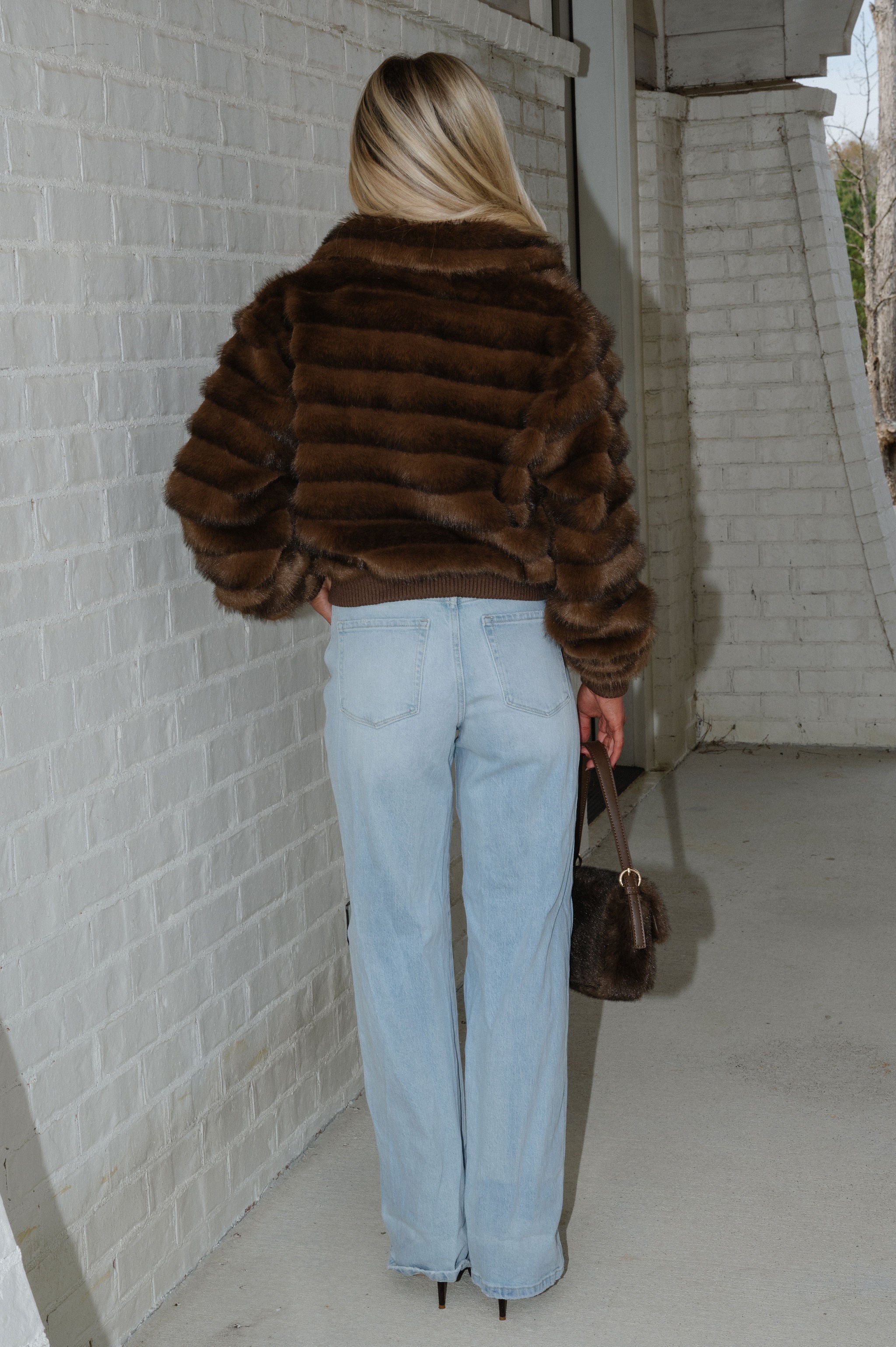 Ellen Faux Fur Bomber Jacket-Brown