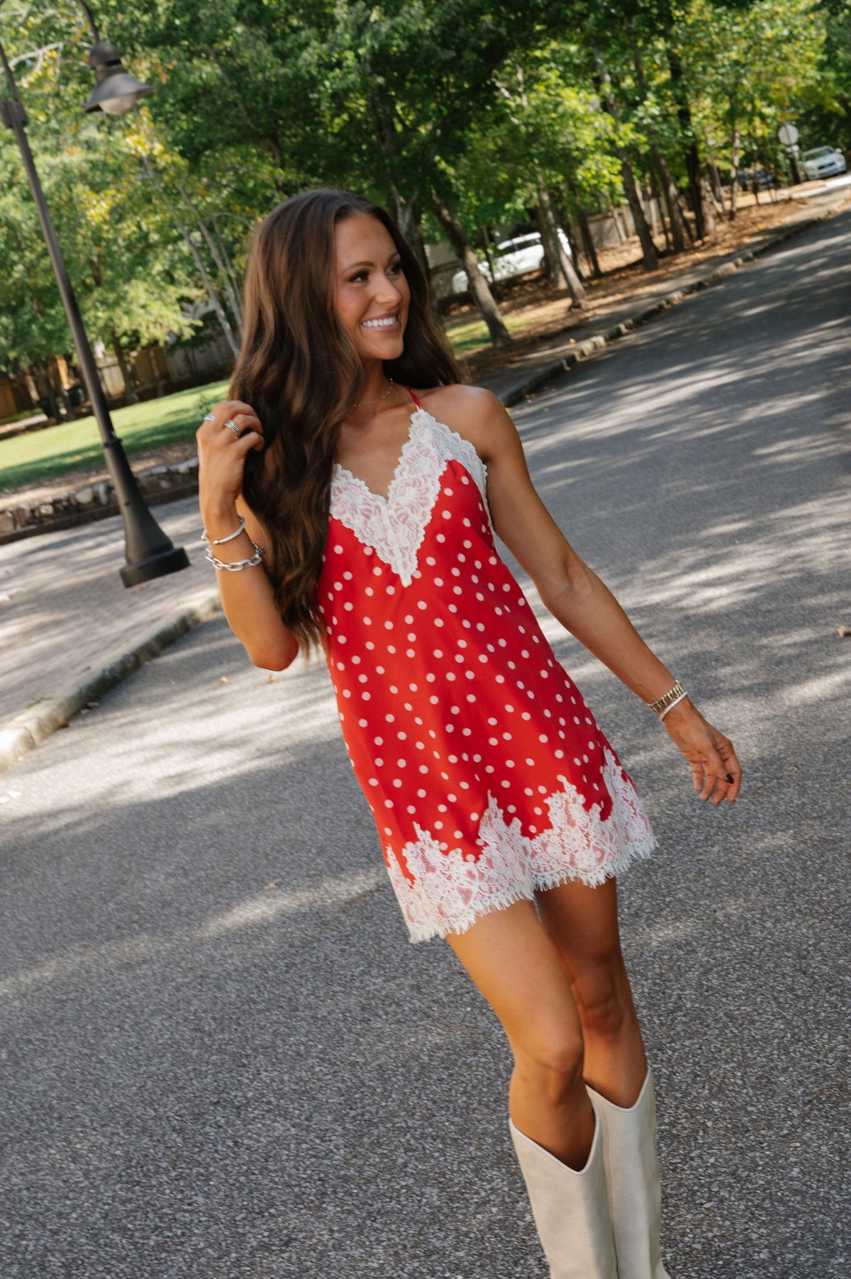 Lovely Polka Dot Backless Lace Mini Dress-Red