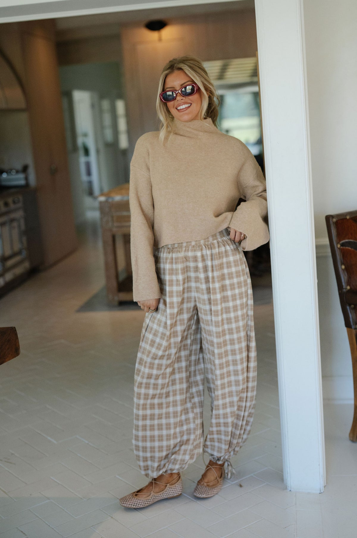 Brynn Plaid Balloon Pants-Taupe