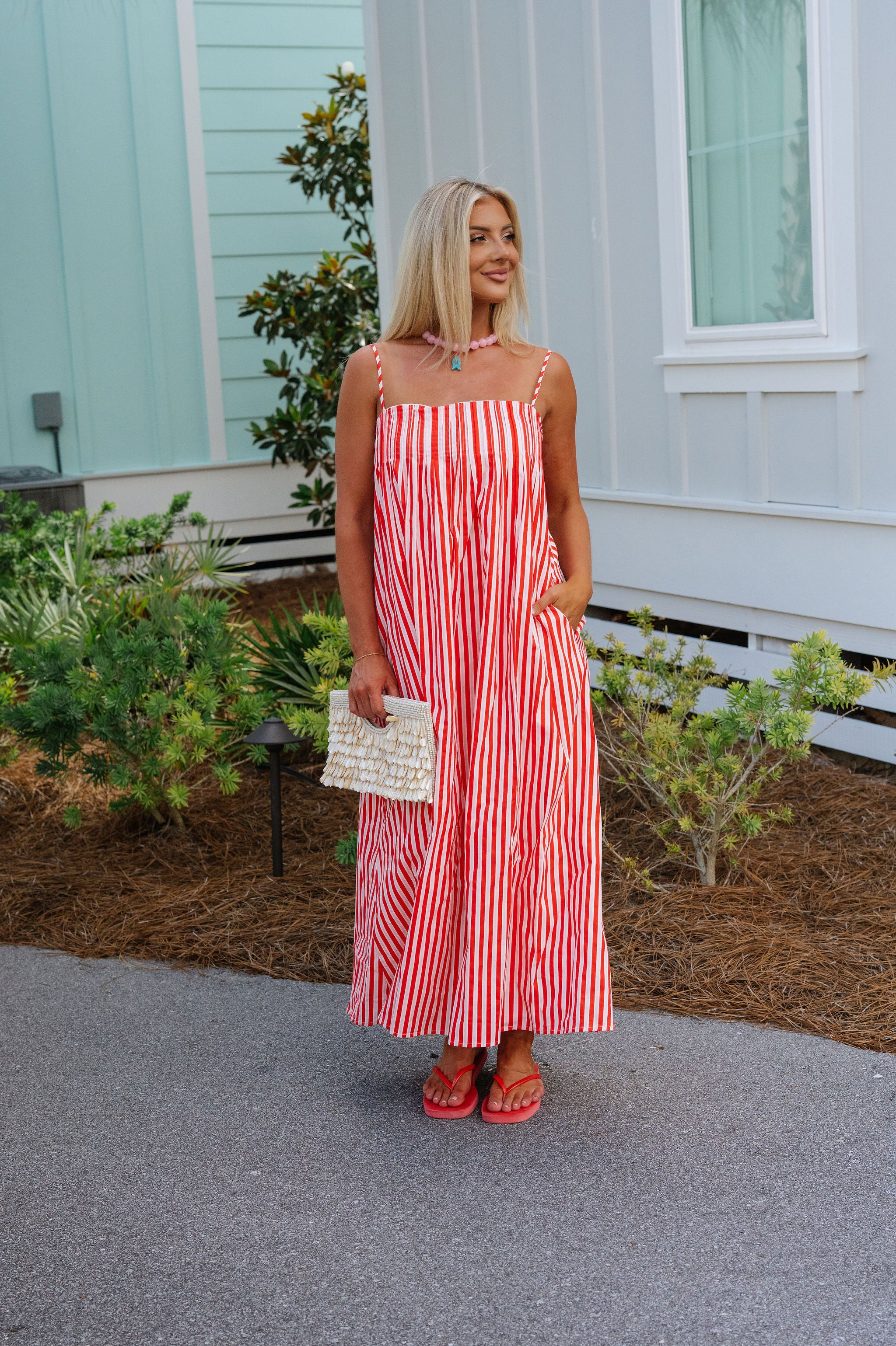 Pleated Strappy Maxi Dress-Red/Pink