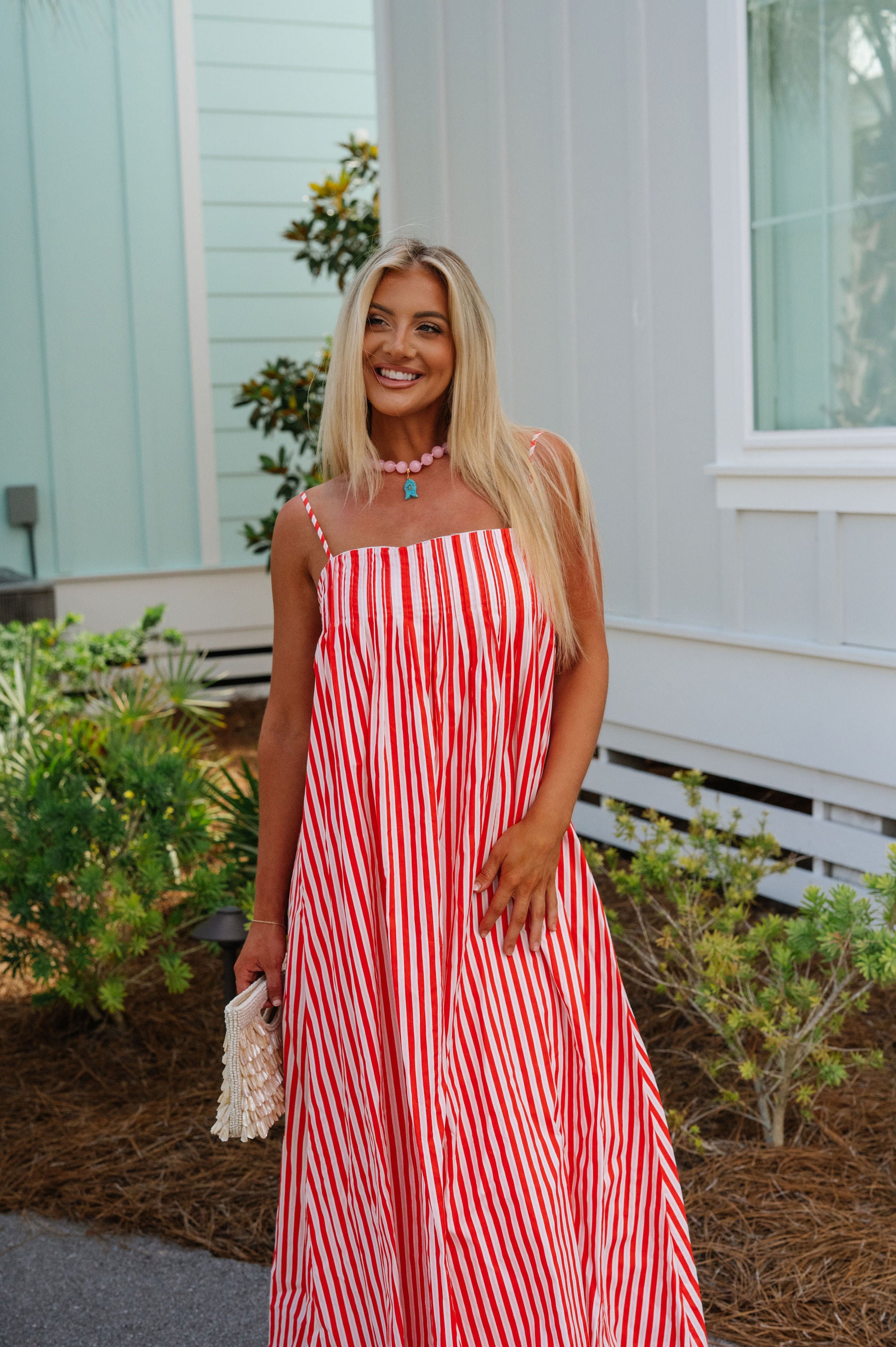 Pleated Strappy Maxi Dress-Red/Pink