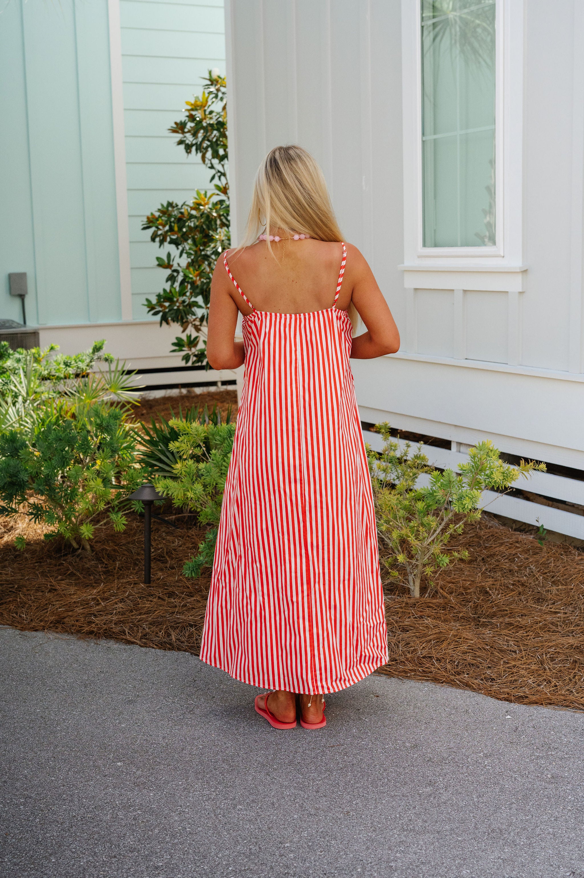 Pleated Strappy Maxi Dress-Red/Pink