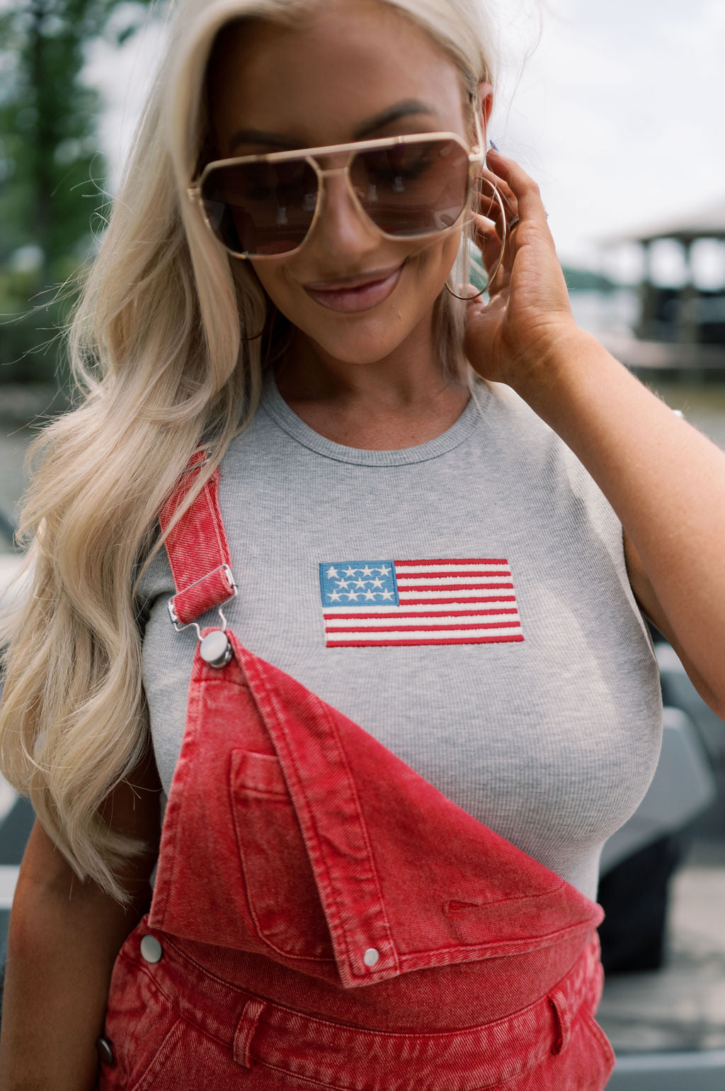 American Flag Baby Tee-Heather Grey