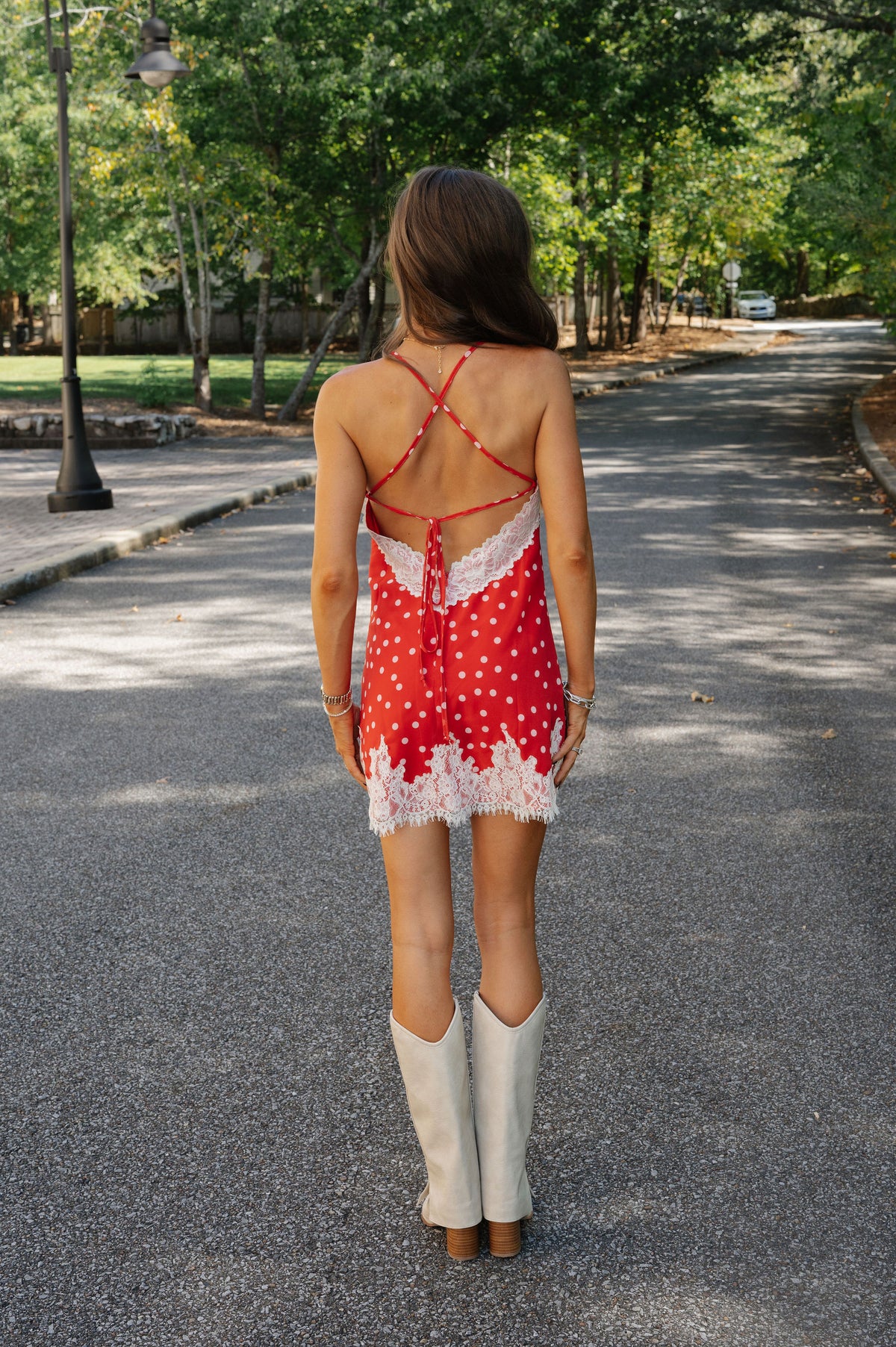 Lovely Polka Dot Backless Lace Mini Dress-Red