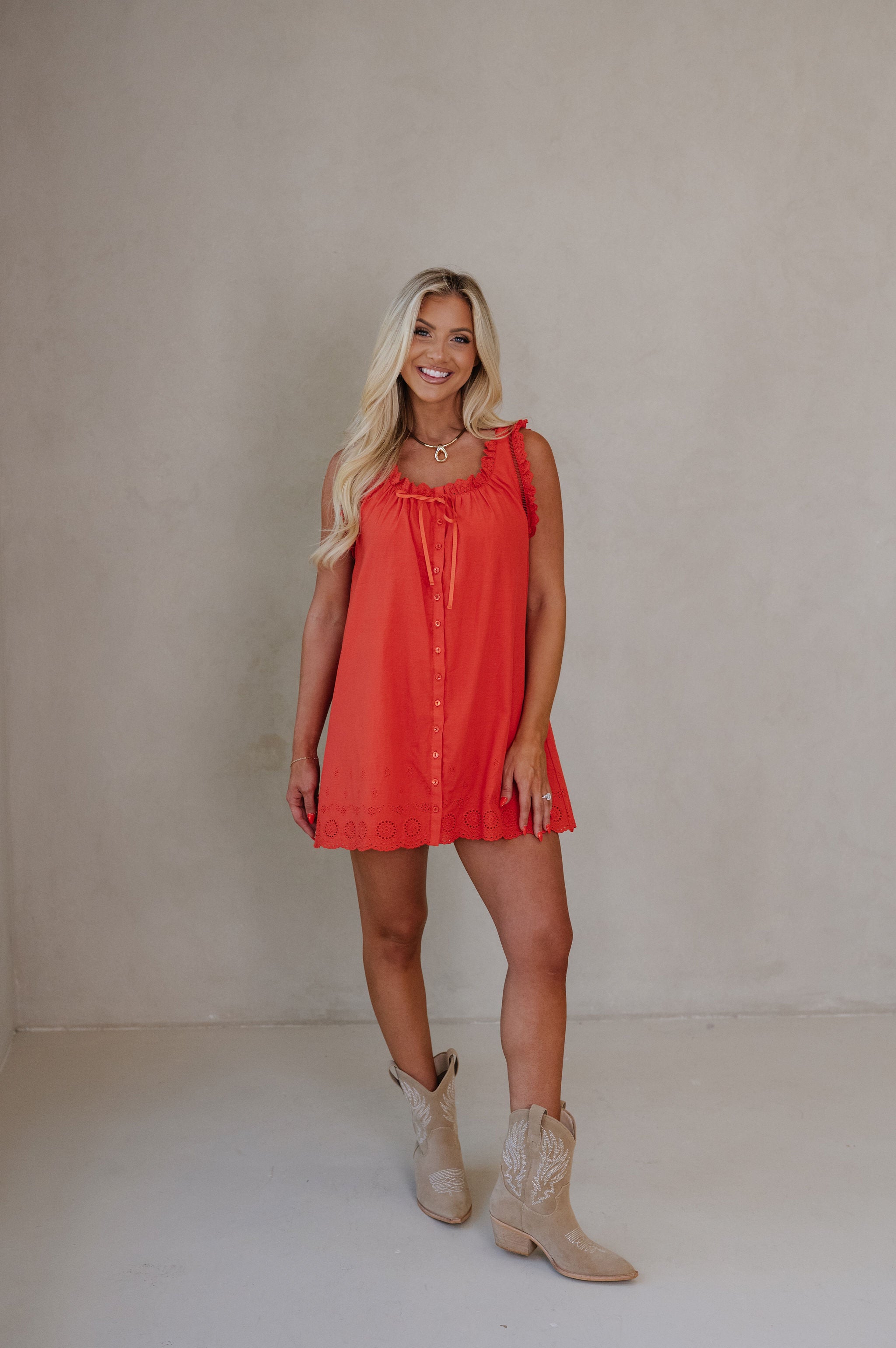 Daisy Scalloped Lace Mini Dress-Red