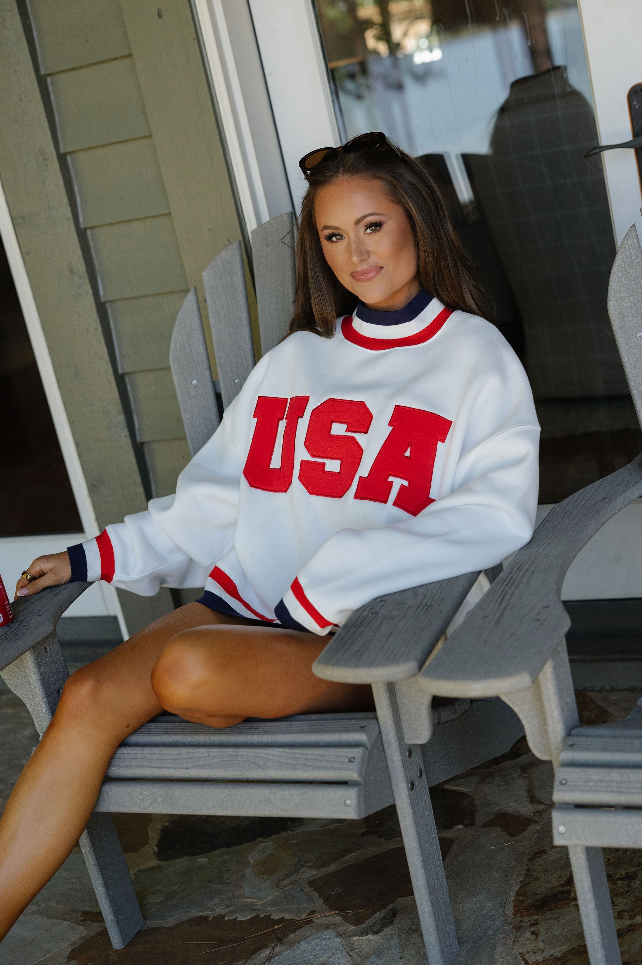 "USA" Contrast Trim Crewneck-White