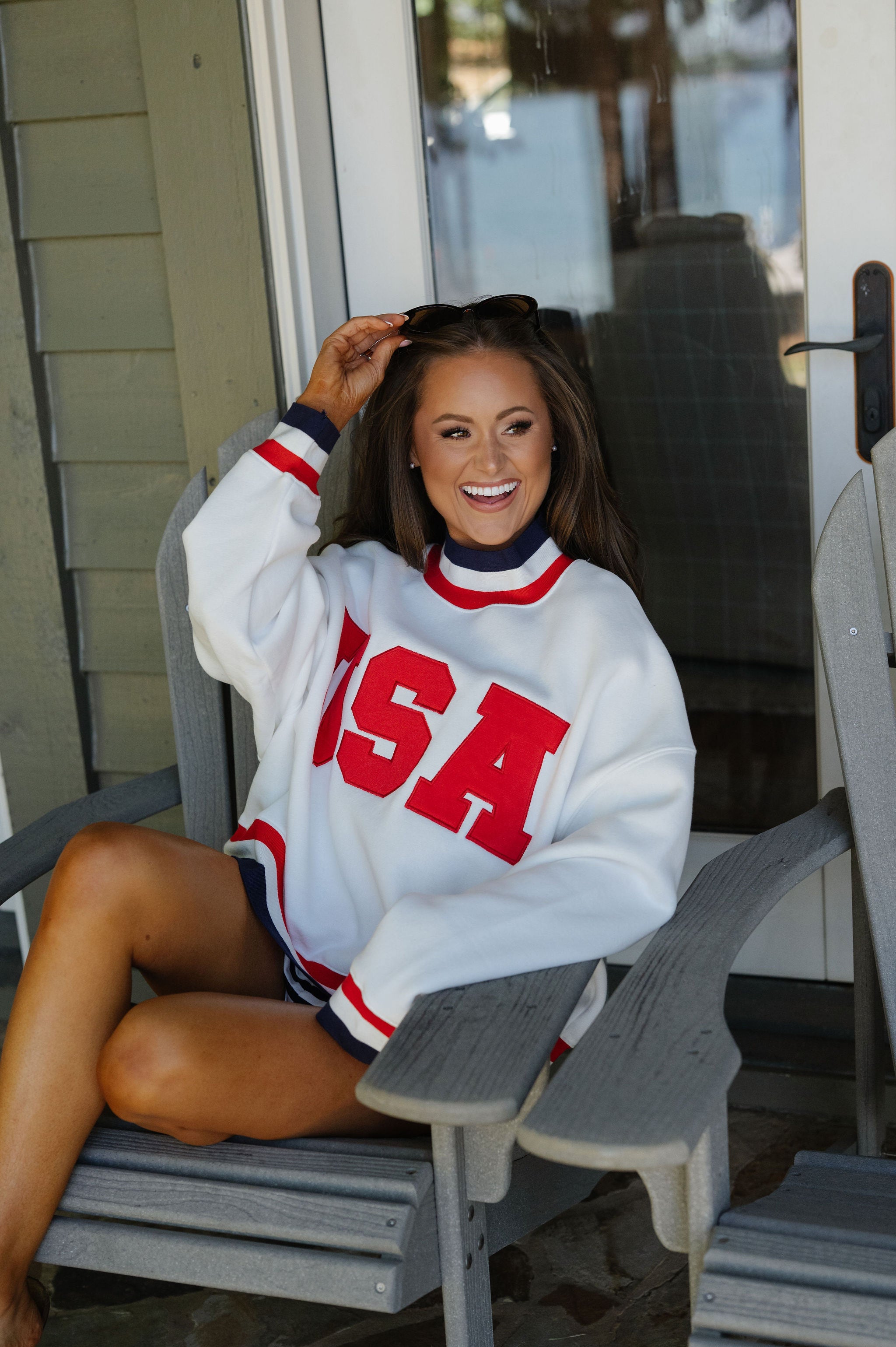 "USA" Contrast Trim Crewneck-White