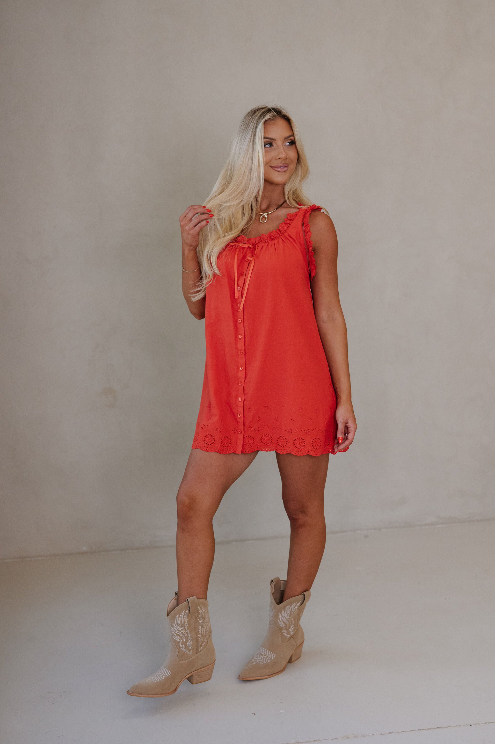 Daisy Scalloped Lace Mini Dress-Red