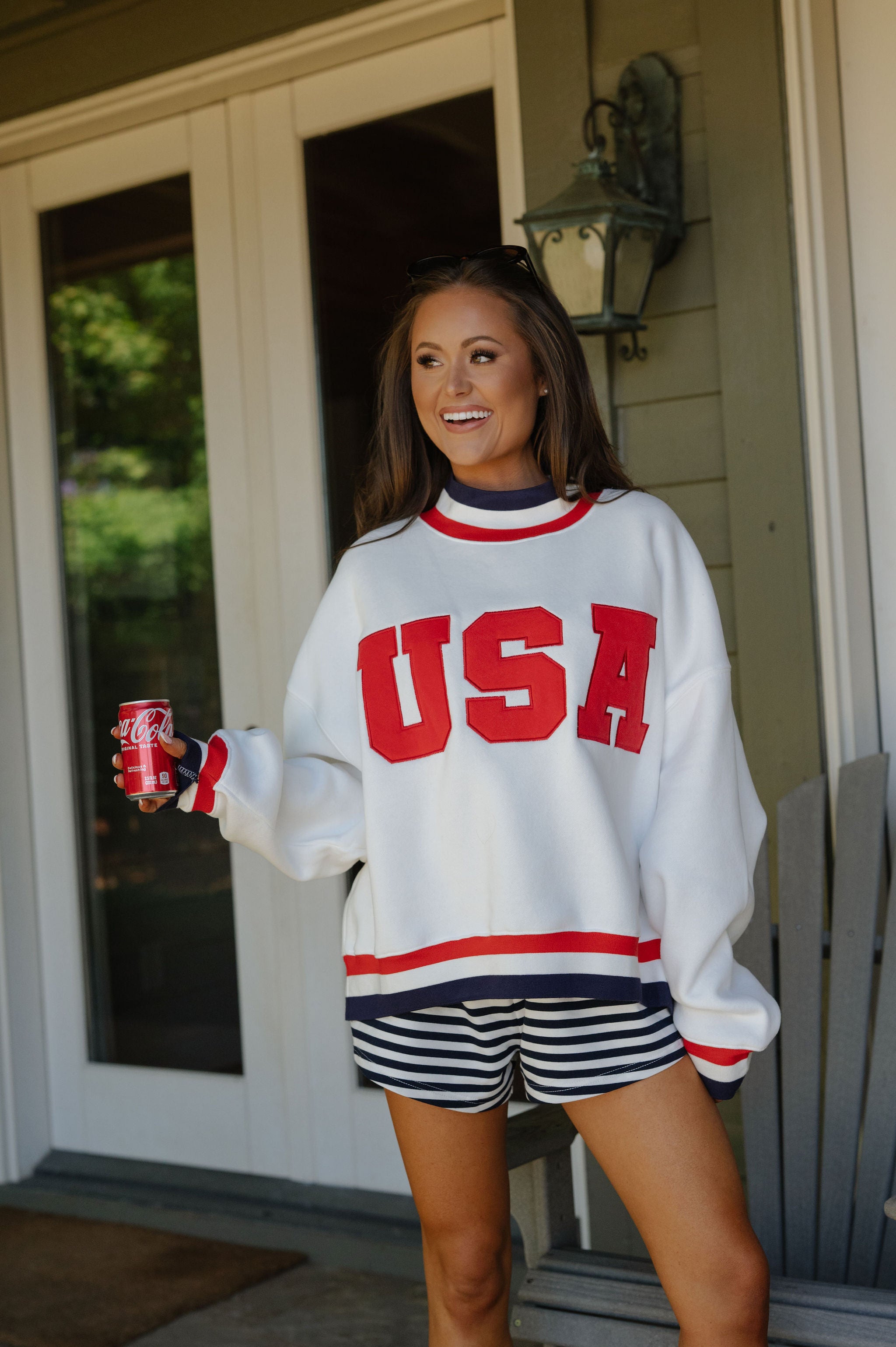 "USA" Contrast Trim Crewneck-White