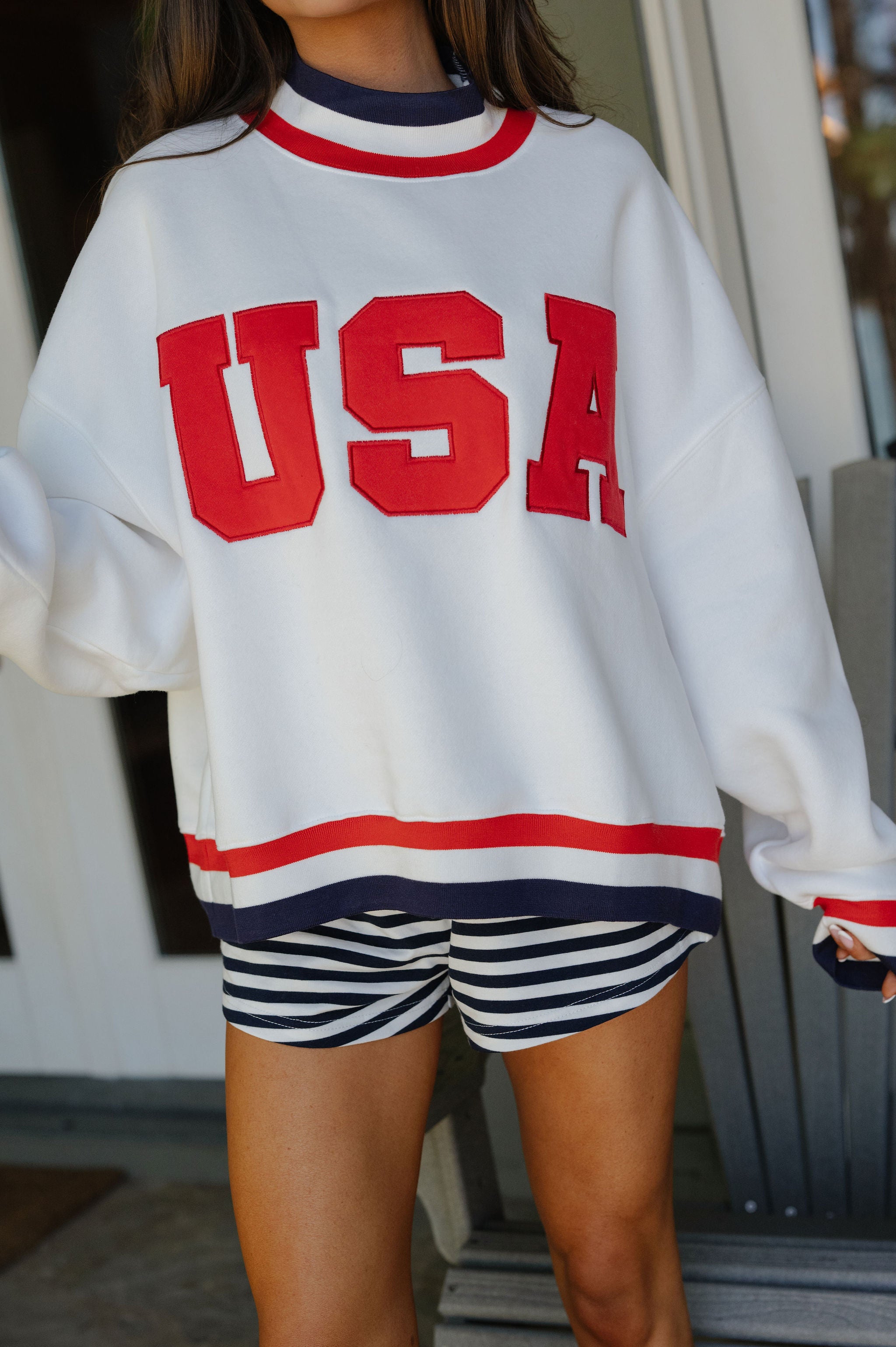"USA" Contrast Trim Crewneck-White