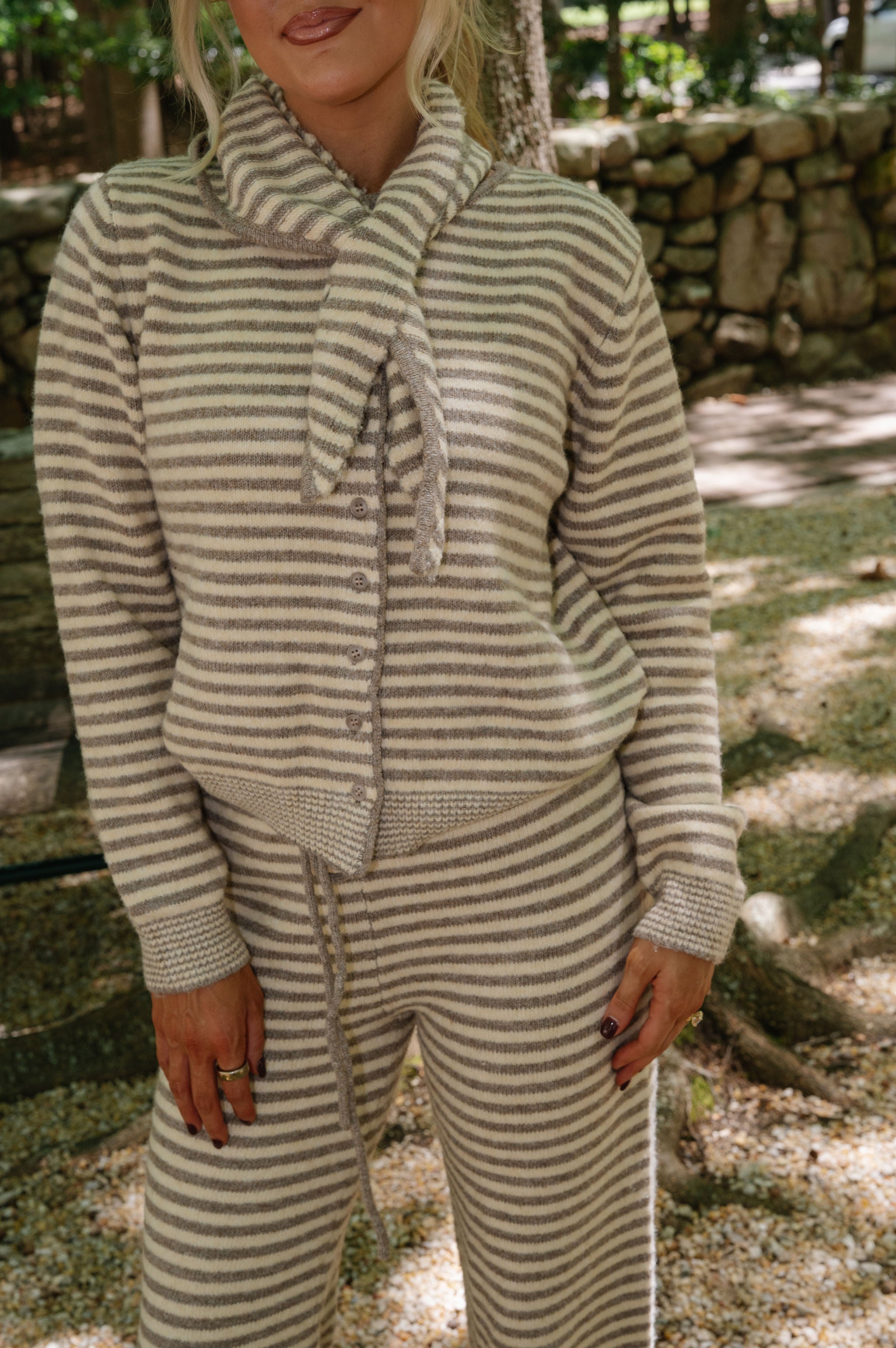 Izzy Striped Tie Cardigan-Sand