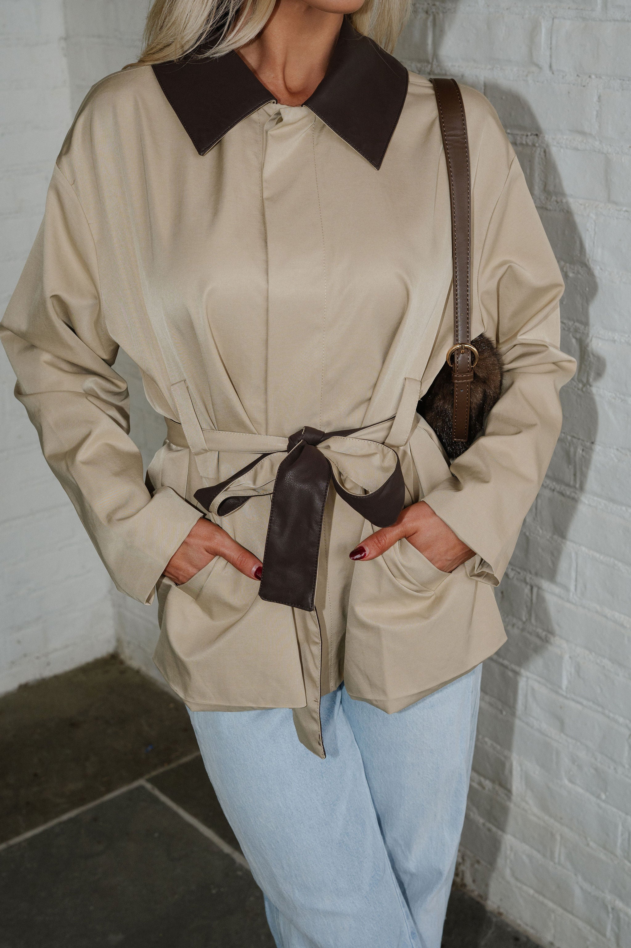 Daisy Faux Leather Trim Jacket-Beige