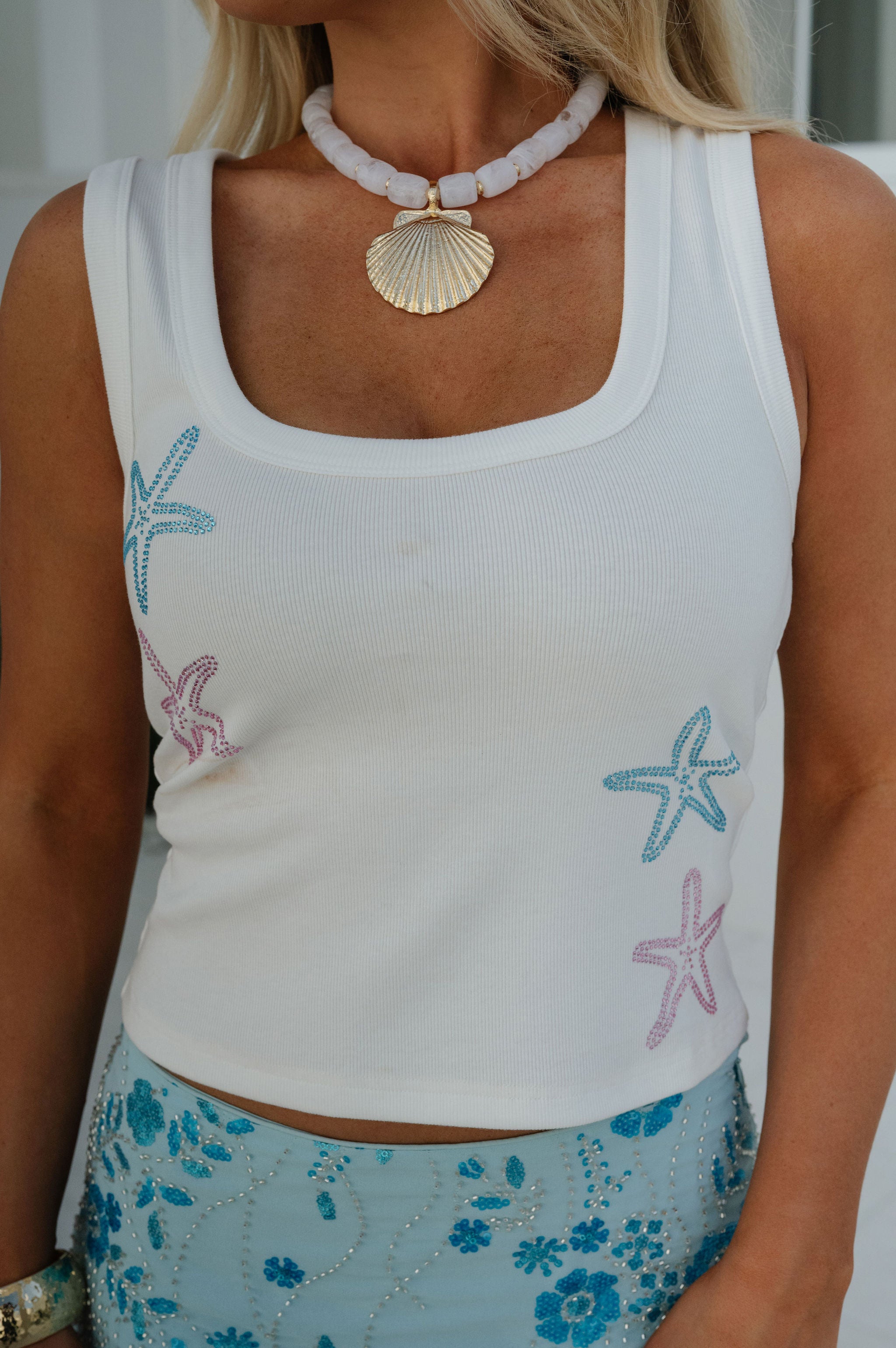 Rhinestone Star Fish Tank-Off White