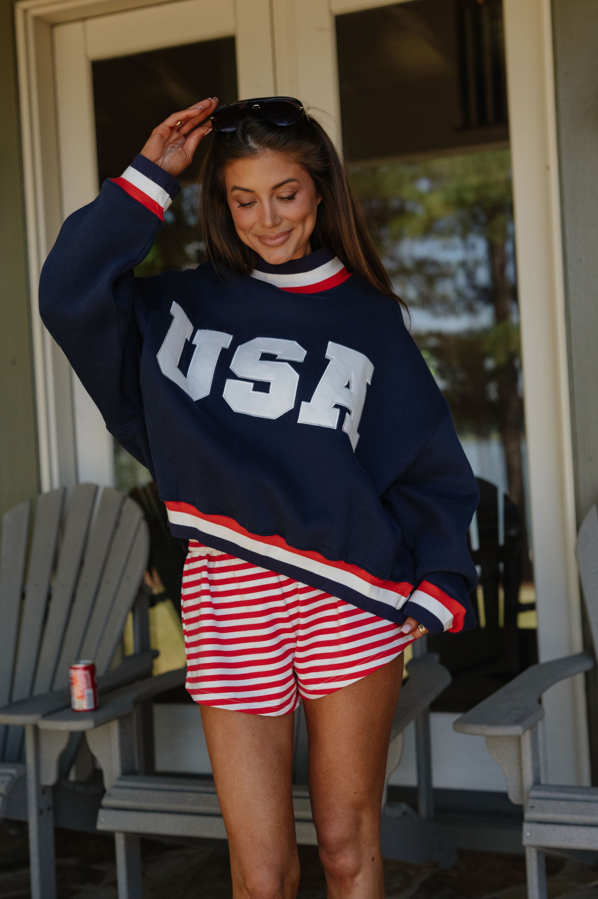 "USA" Contrast Trim Crewneck-Navy