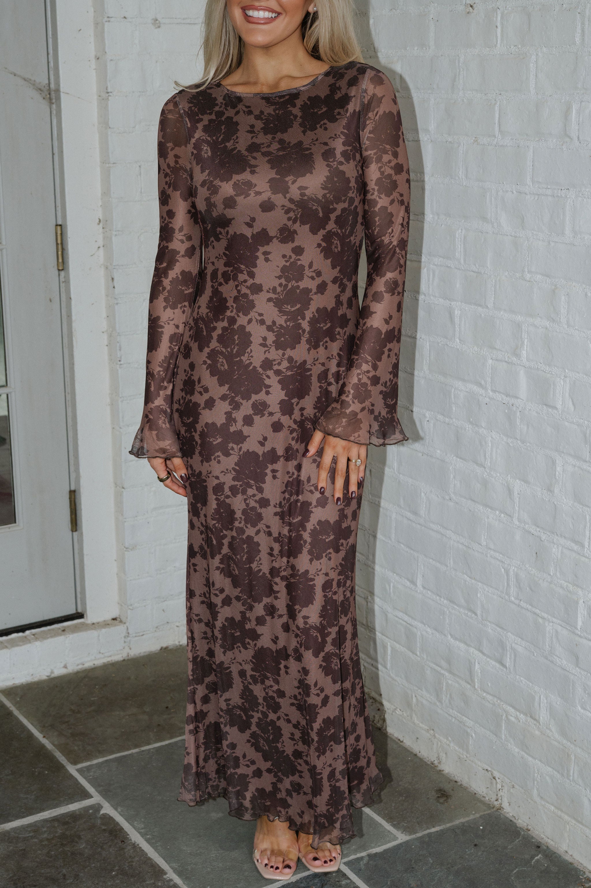 Meredith Floral Mesh Dress-Mocha