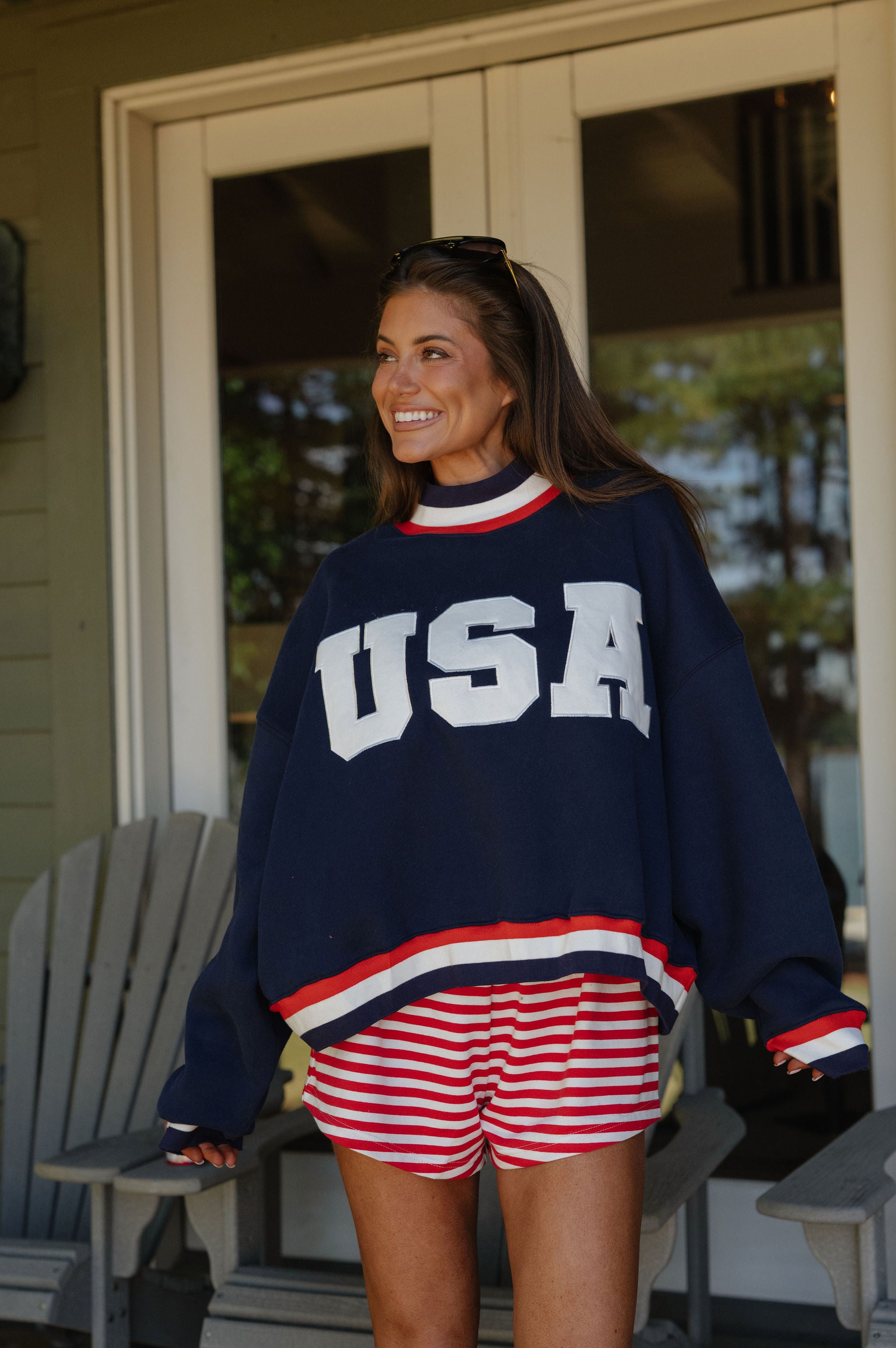 "USA" Contrast Trim Crewneck-Navy