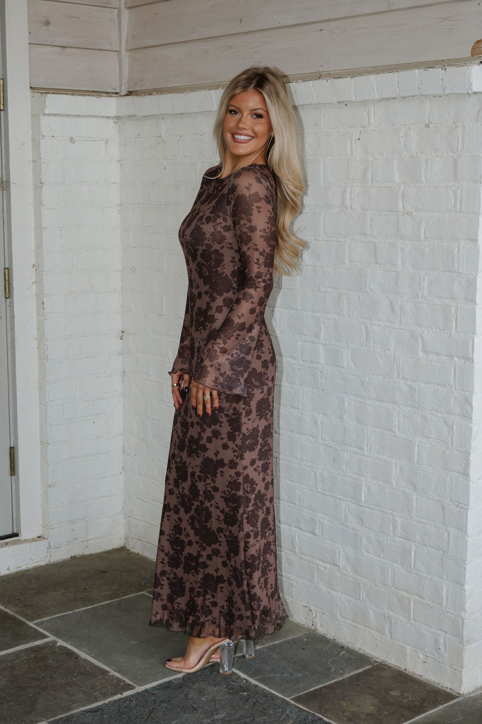 Meredith Floral Mesh Dress-Mocha