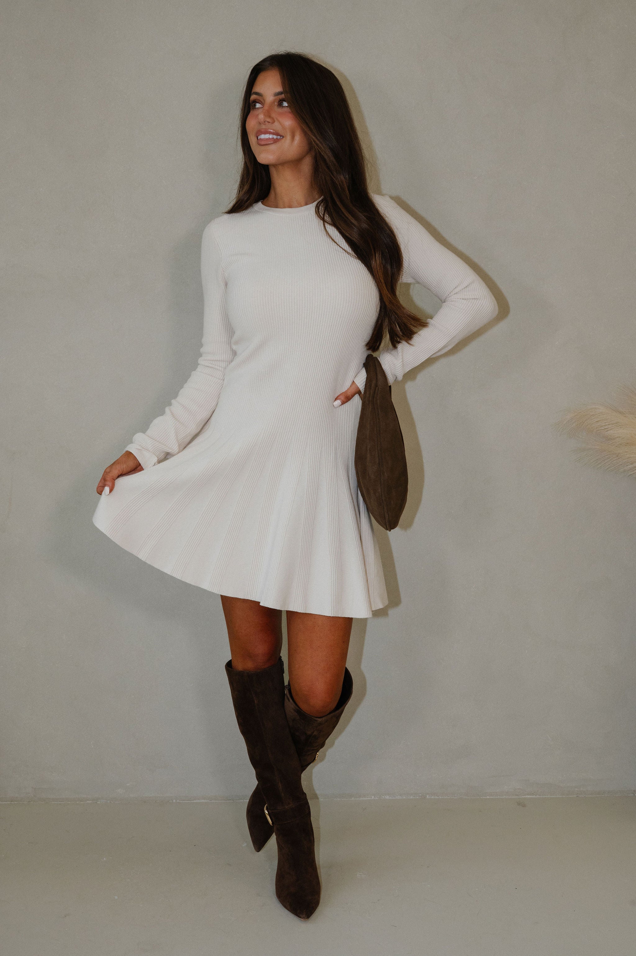 Ramsey Pleated Sweater Dress-Ecru